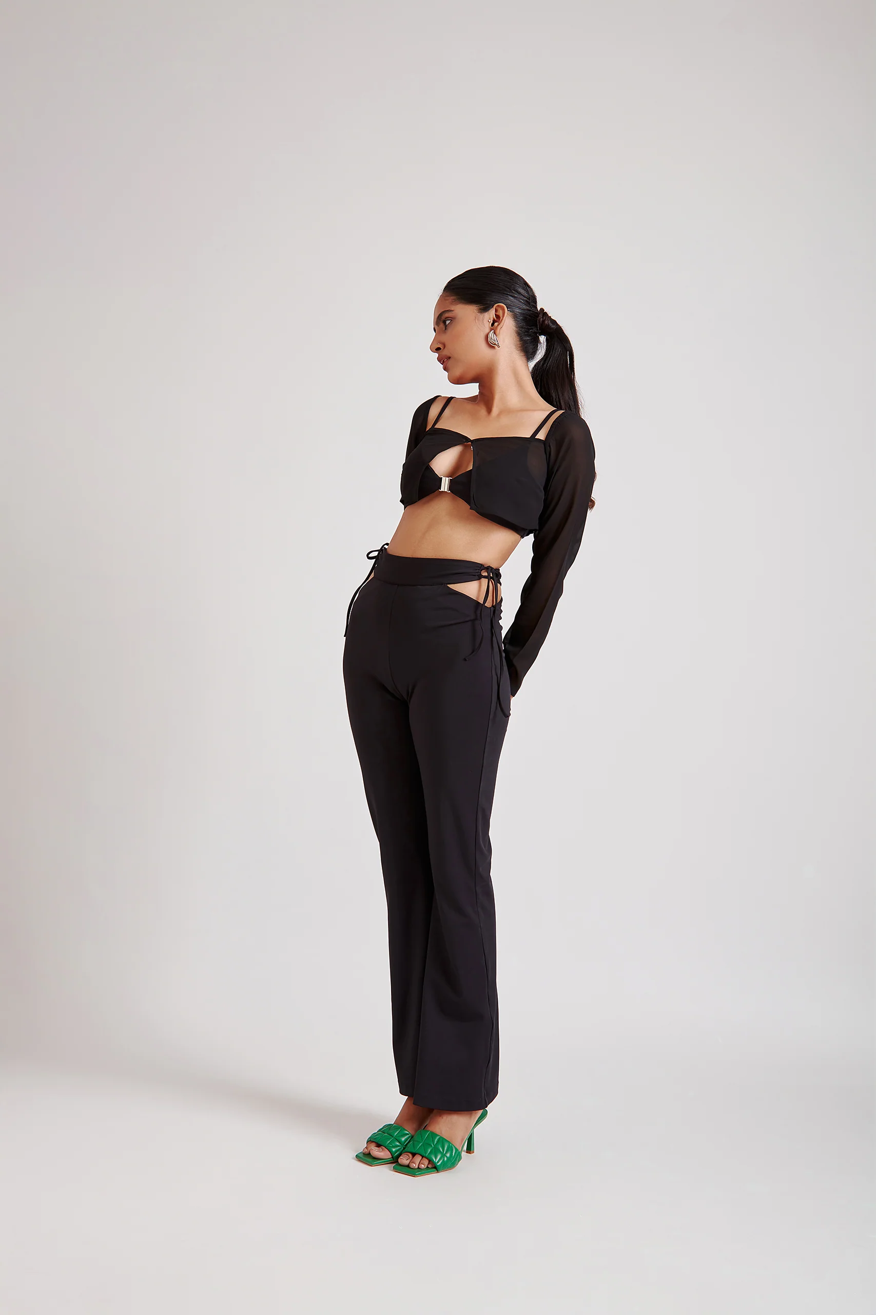 Metal Buckle Bralette Top with Sheer Overlay Top