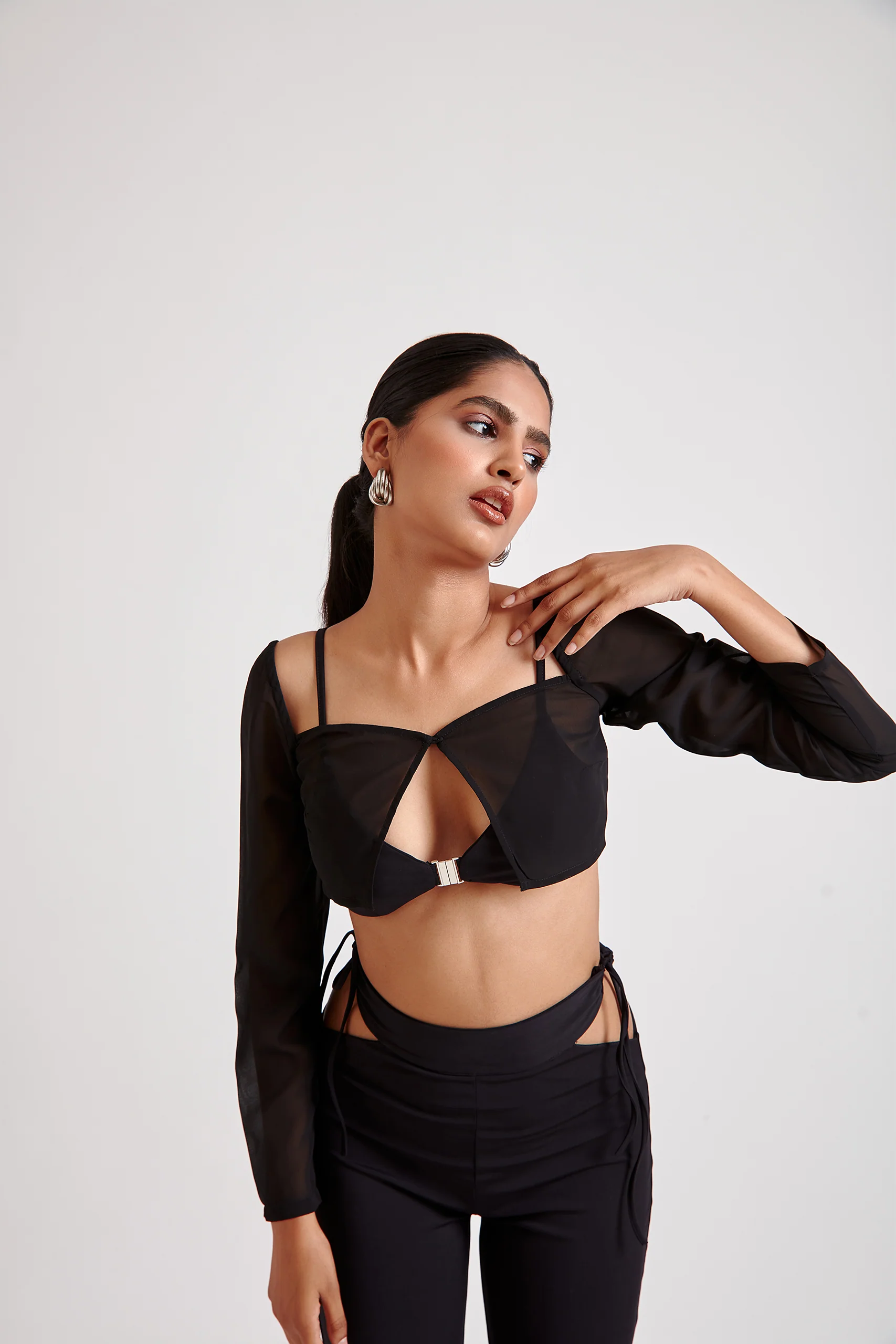 Metal Buckle Bralette Top with Sheer Overlay Top - Image 2