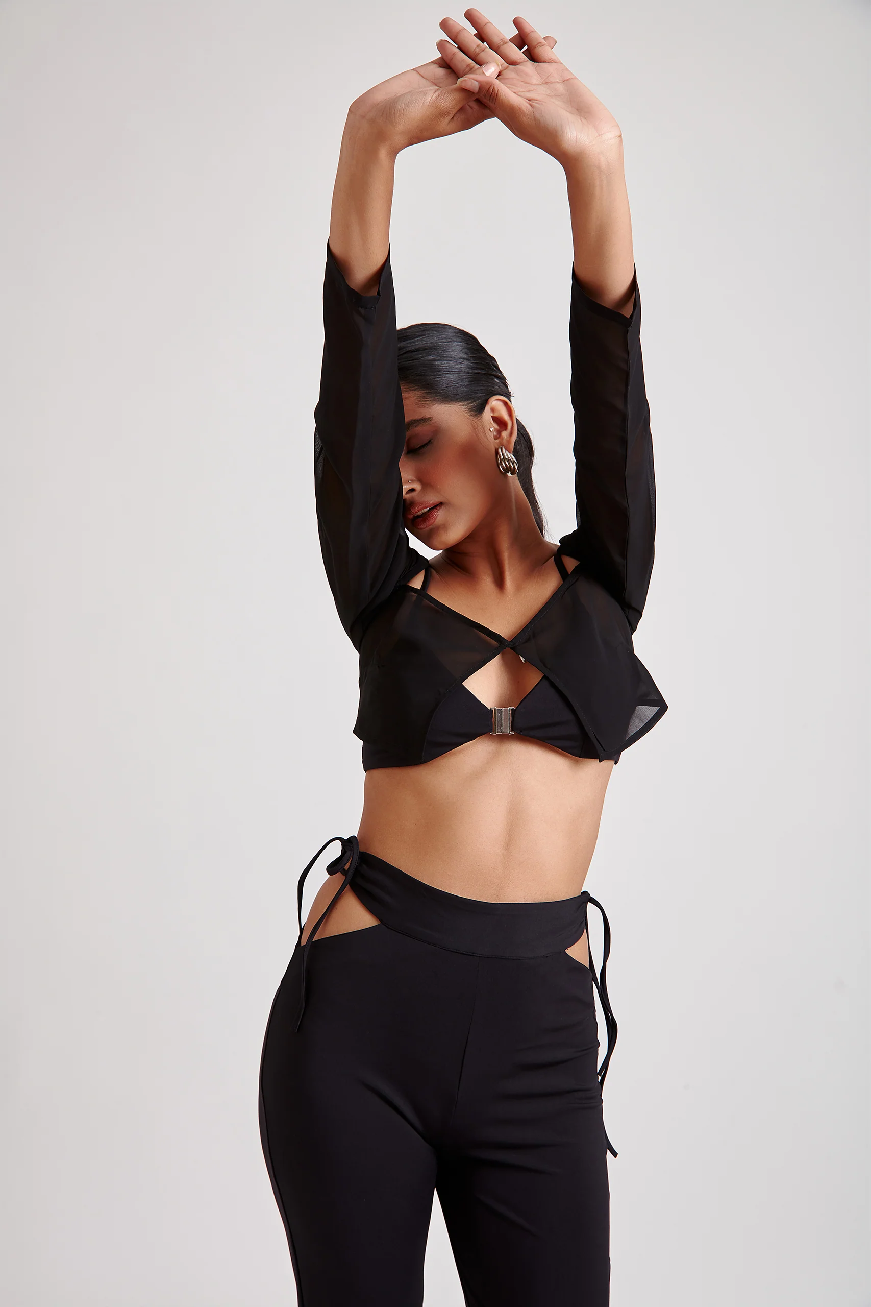 Metal Buckle Bralette Top with Sheer Overlay Top - Image 3