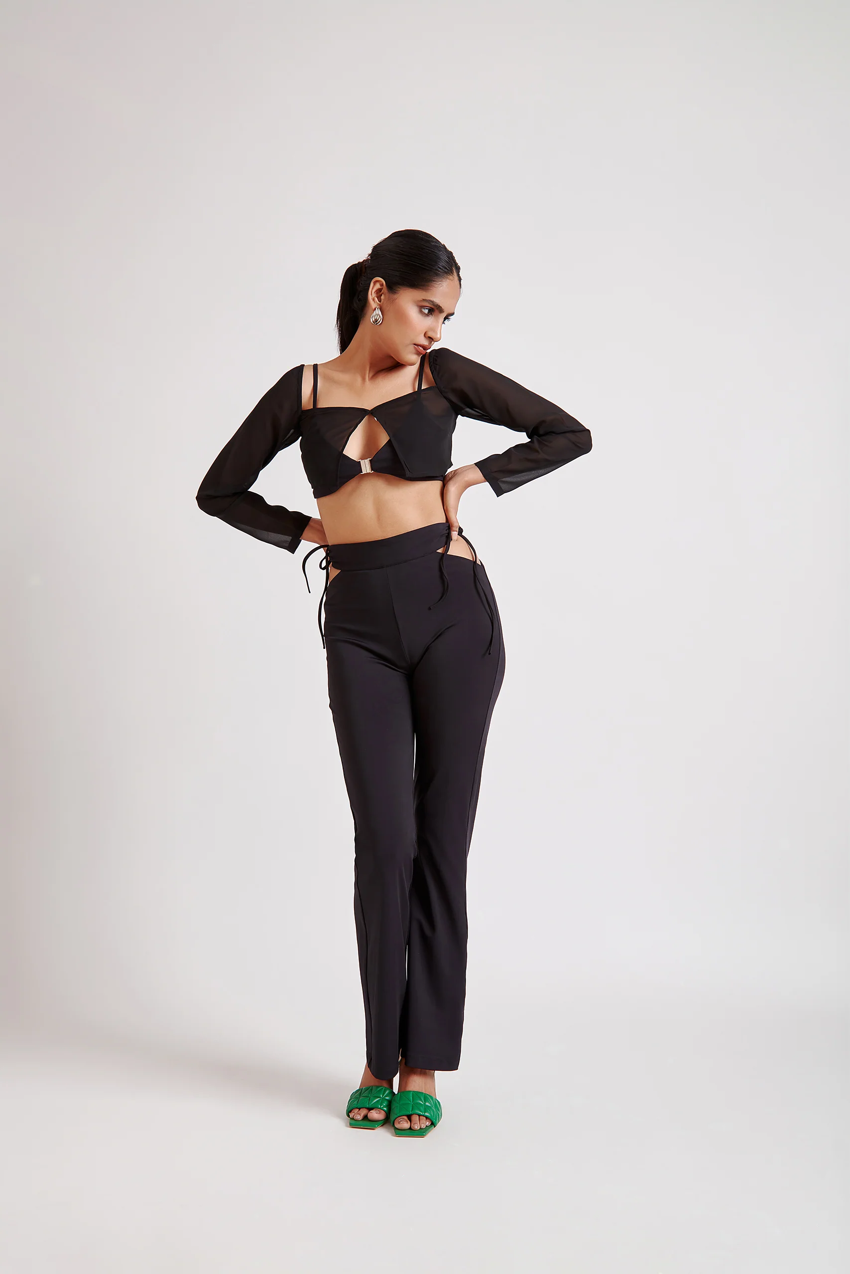 Metal Buckle Bralette Top with Sheer Overlay Top - Image 6