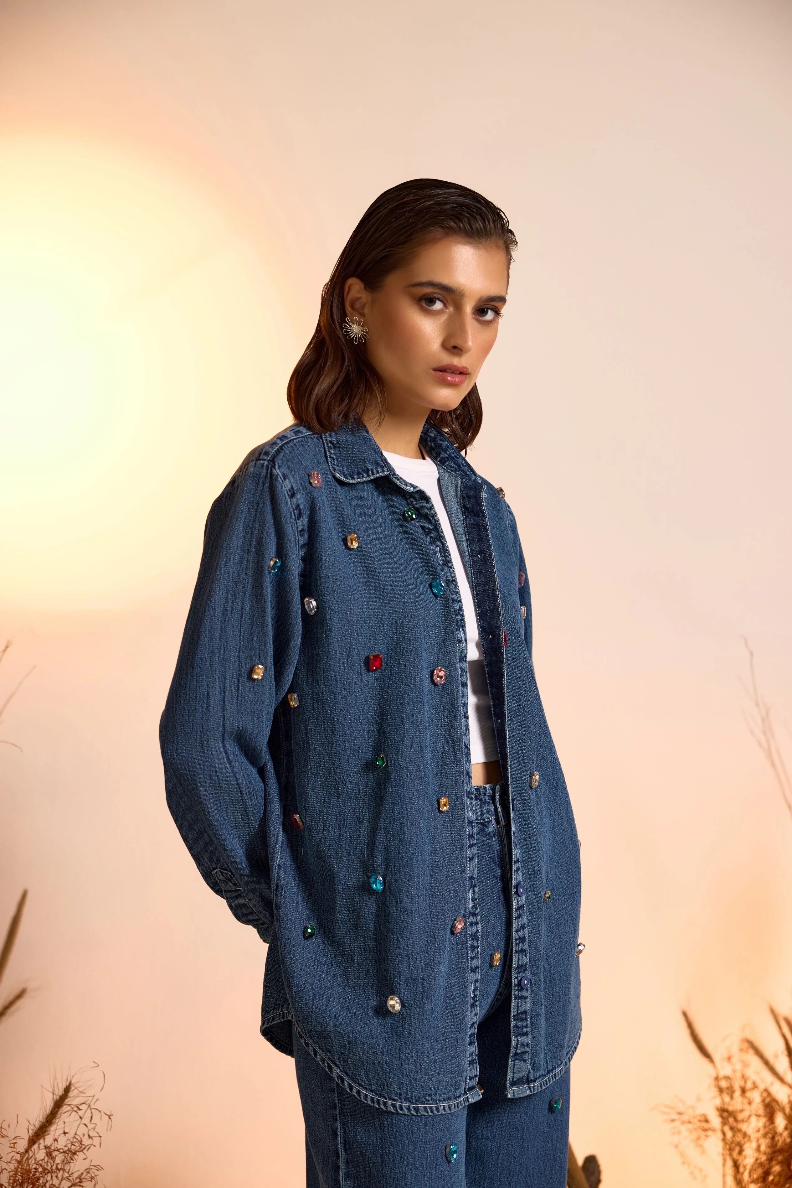 Crystal Studded Denim Shirt - Image 3