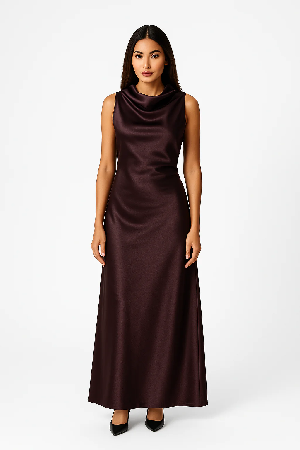 Midnight Plum Cowl Back Satin Maxi Dress - Image 3