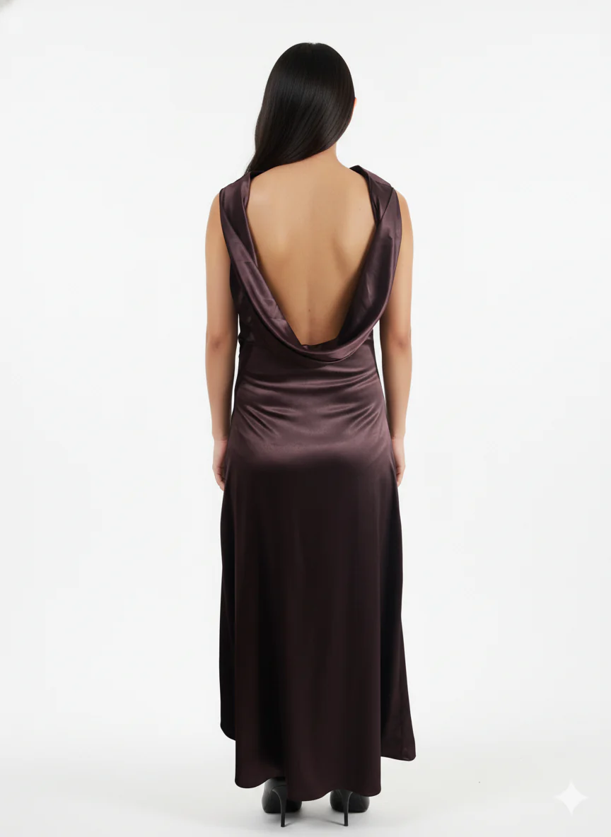 Midnight Plum Cowl Back Satin Maxi Dress - Image 4