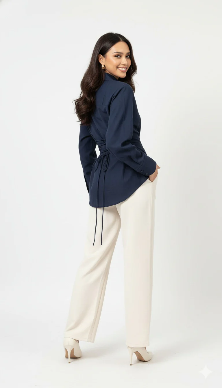 Navy Long Sleeve Shirt with Lace-Up Back - Image 3