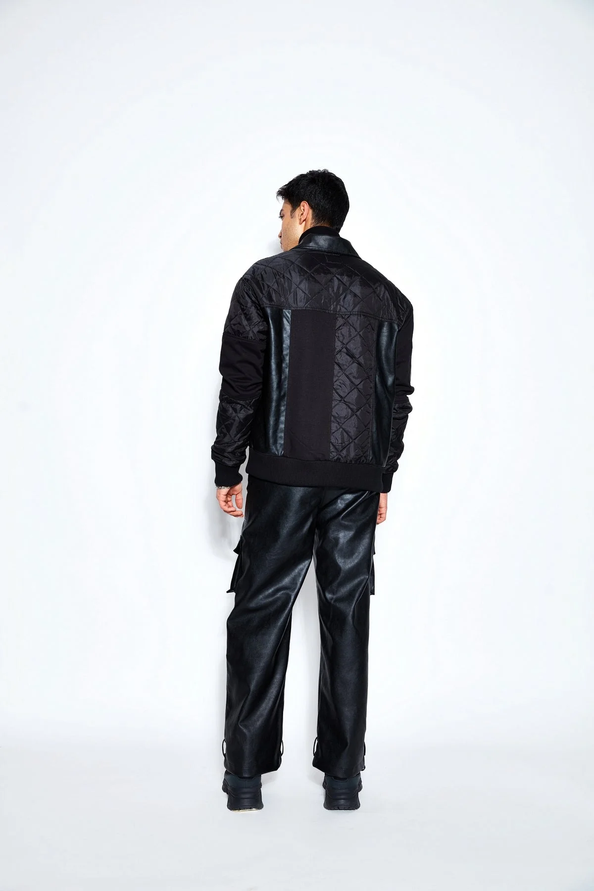 Patchwork Leather Bomber Jacket and Pant Set - Image 3