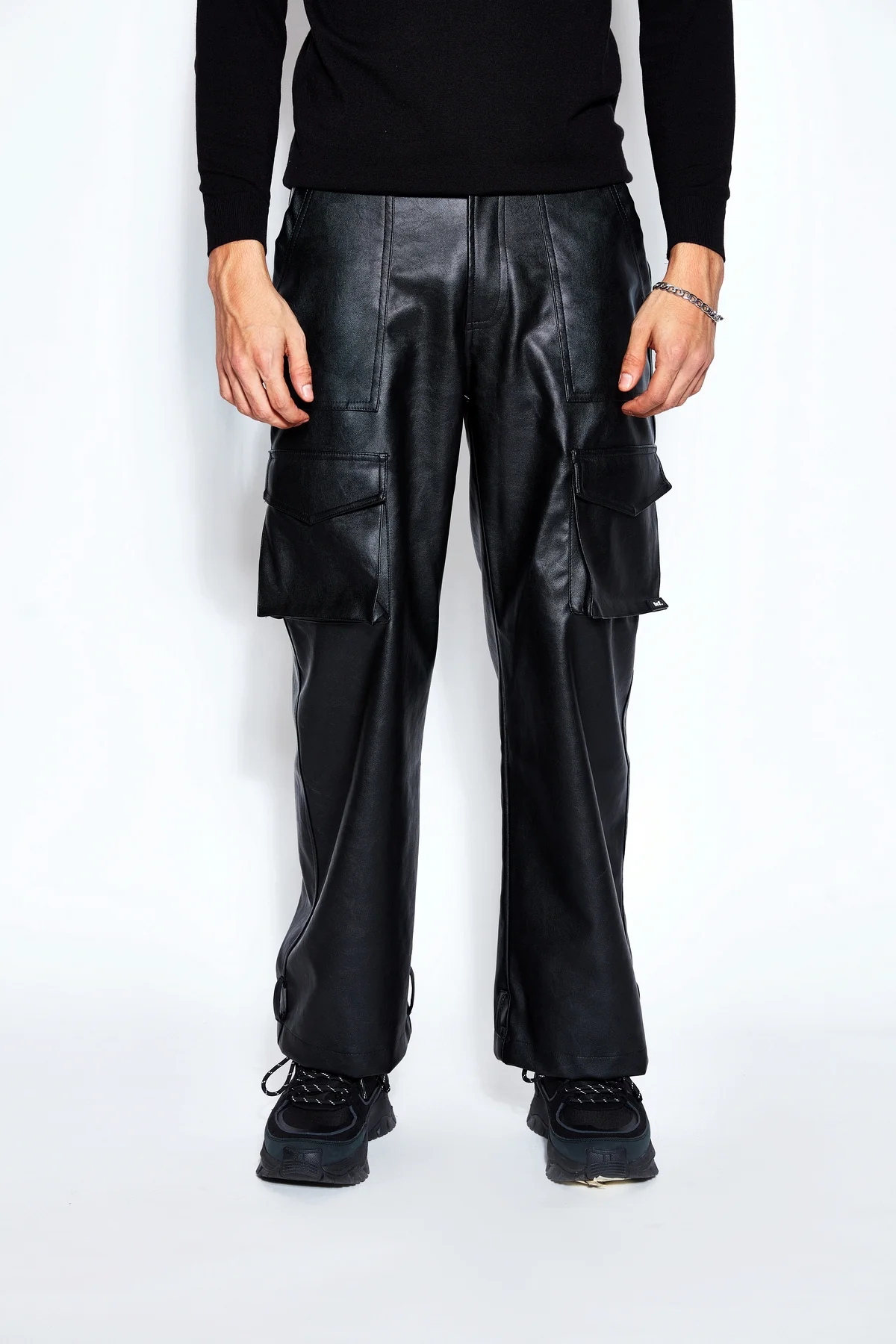 Patchwork Leather Bomber Jacket and Pant Set - Image 4