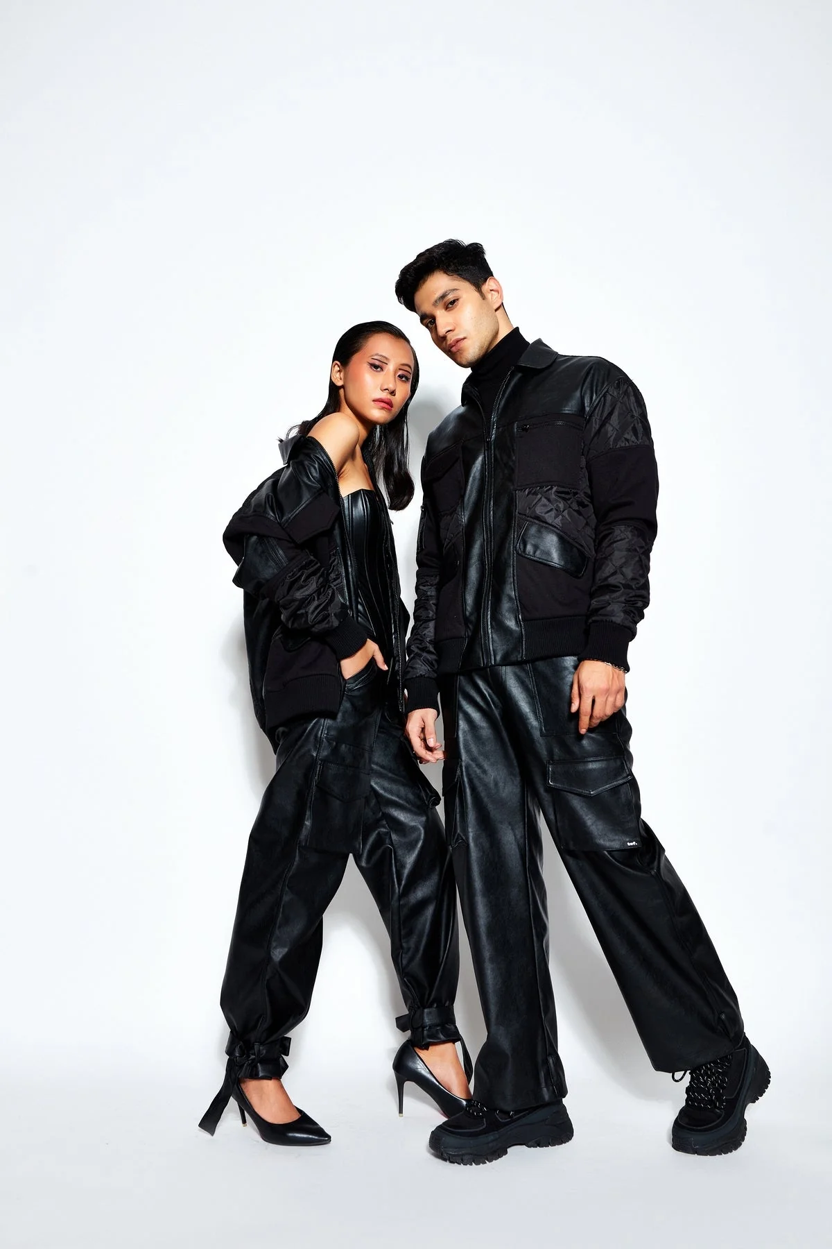 Patchwork Leather Bomber Jacket and Pant Set - Image 7