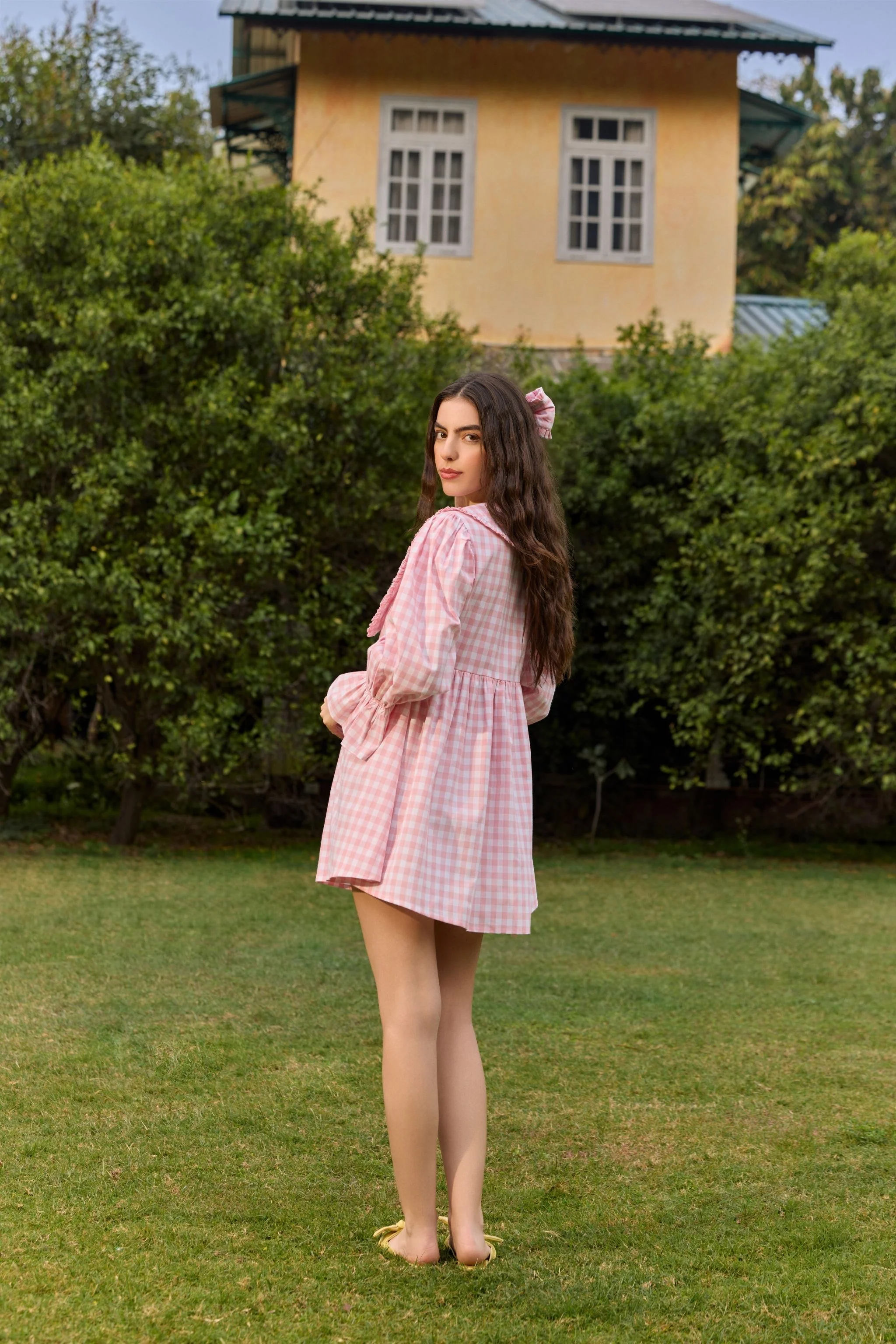 Pink Checked Flared Mini Dress - Image 3