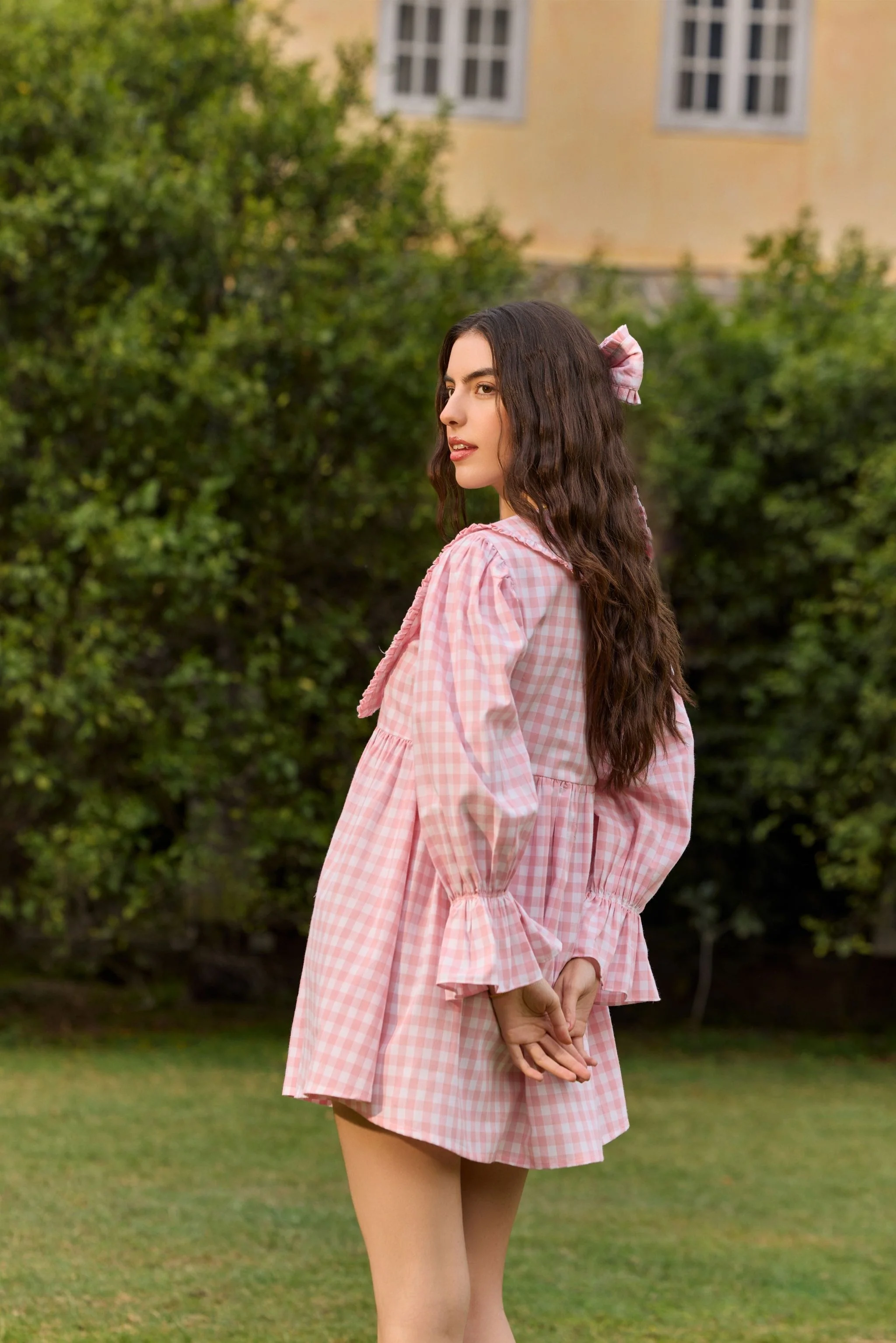Pink Checked Flared Mini Dress - Image 4