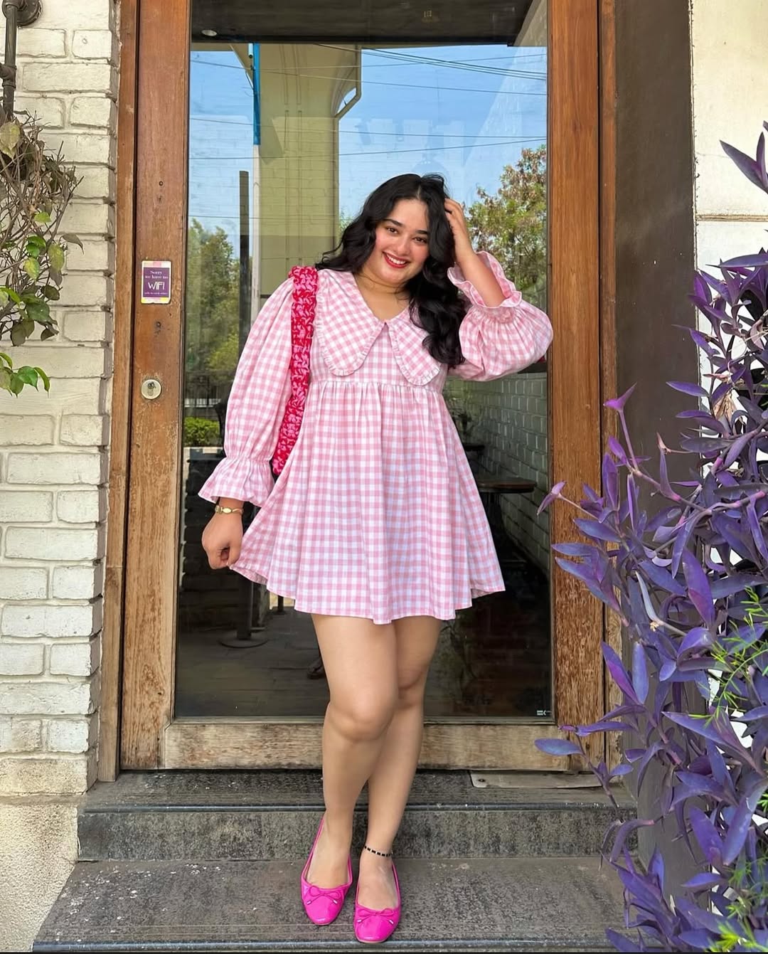 Pink Checked Flared Mini Dress - Image 5