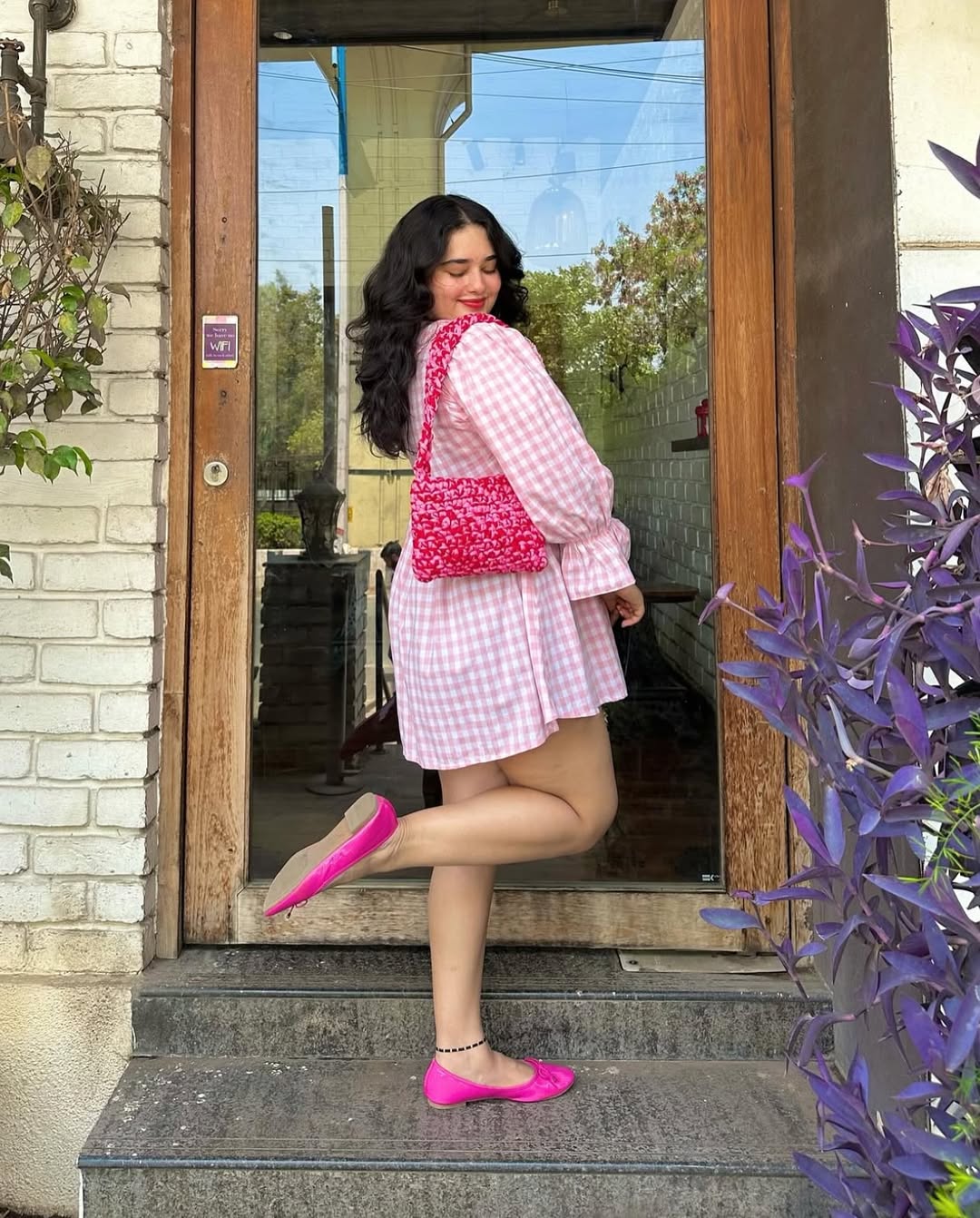 Pink Checked Flared Mini Dress - Image 6