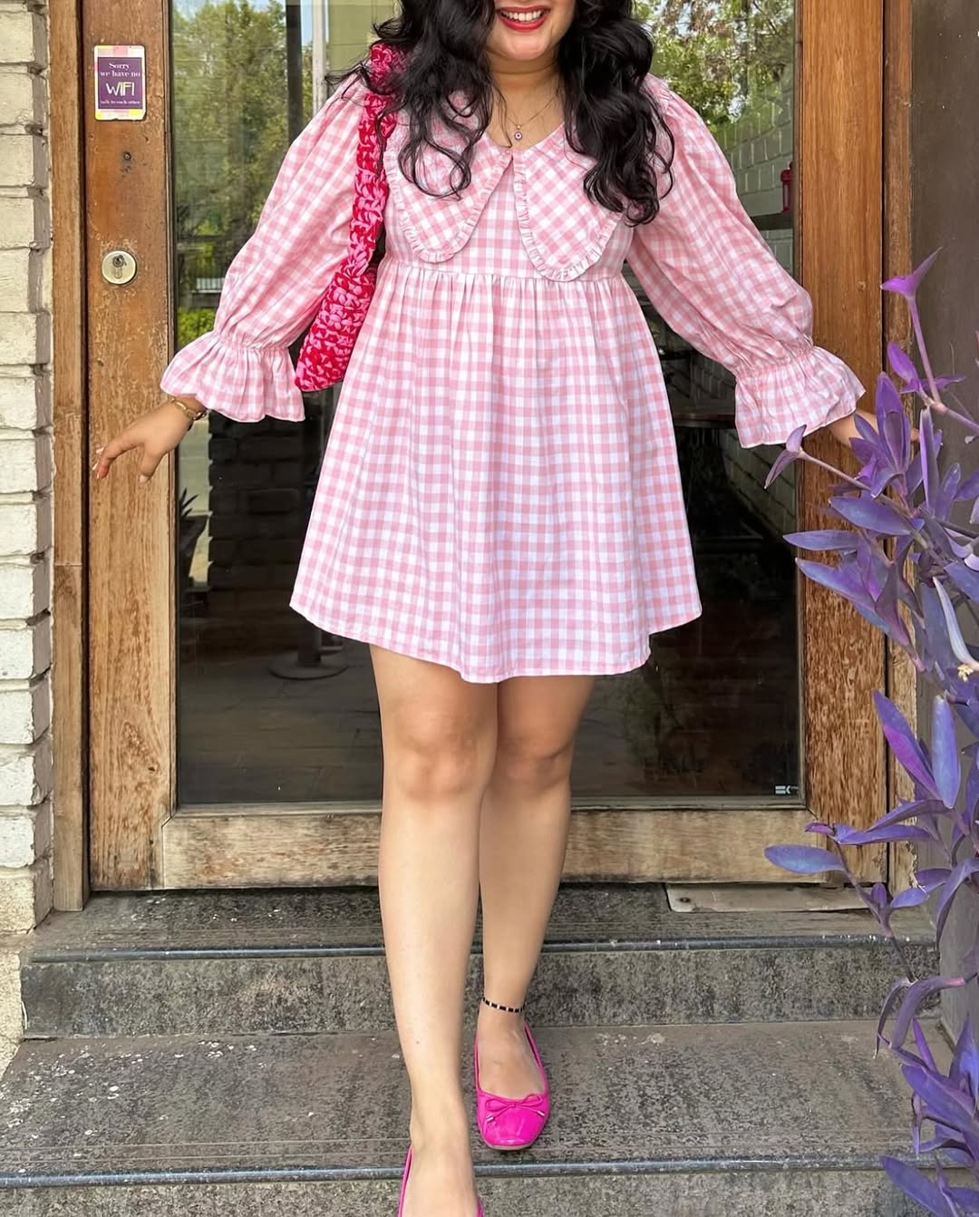 Pink Checked Flared Mini Dress - Image 7