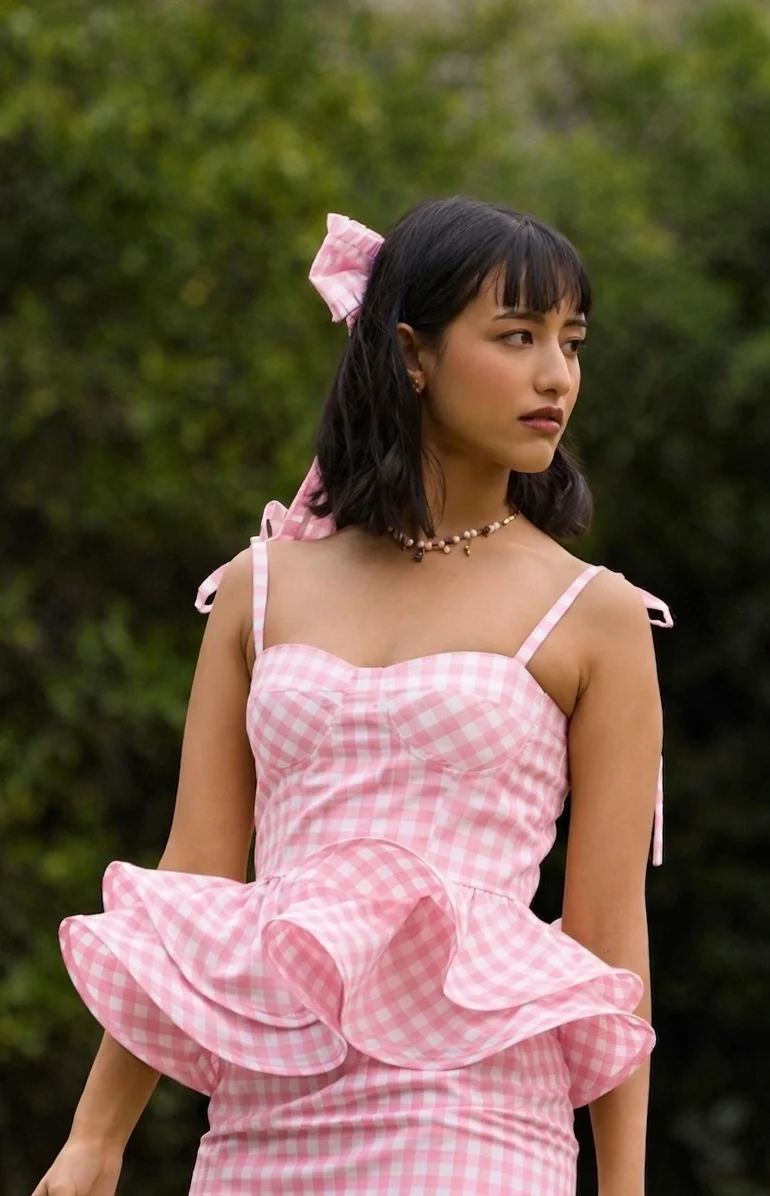Pink Gingham Peplum Top & Skirt Set - Image 3