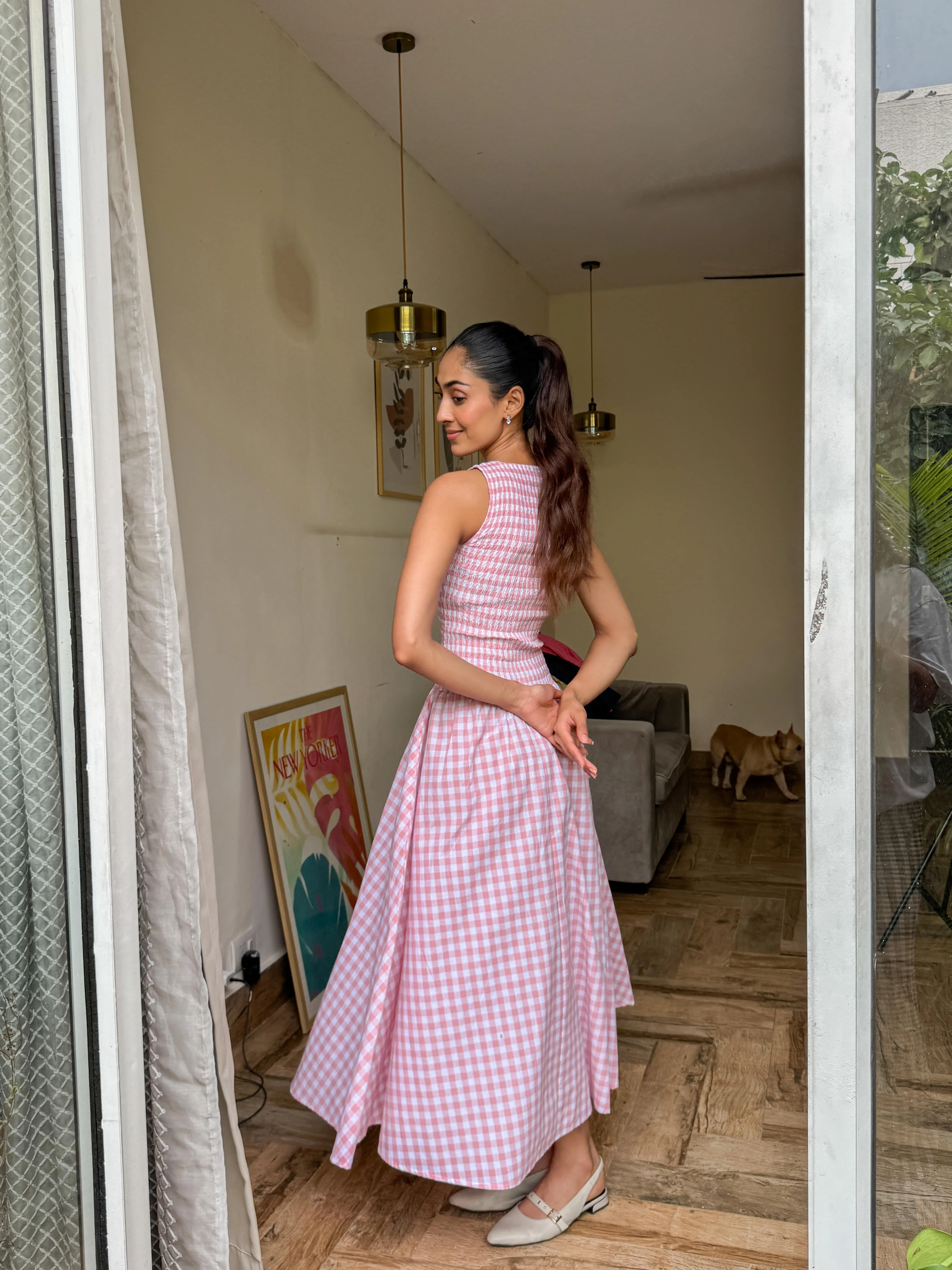 Pink Gingham Smocked Bodice Dress - Image 3