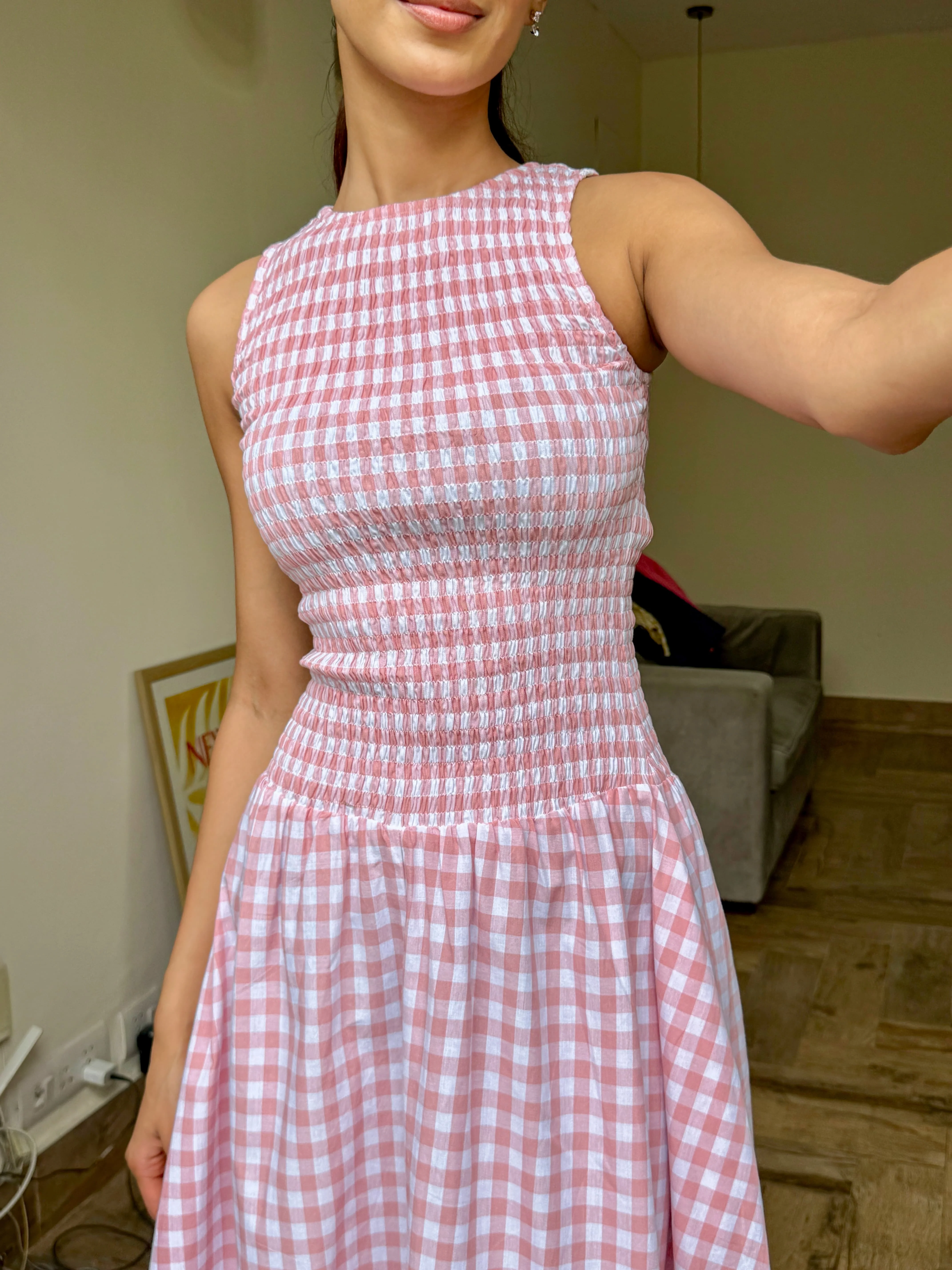 Pink Gingham Smocked Bodice Dress - Image 4