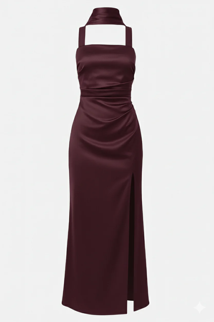 Plum Satin Lace-Up Back Dress - Image 3