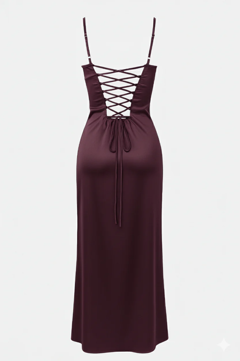 Plum Satin Lace-Up Back Dress - Image 4