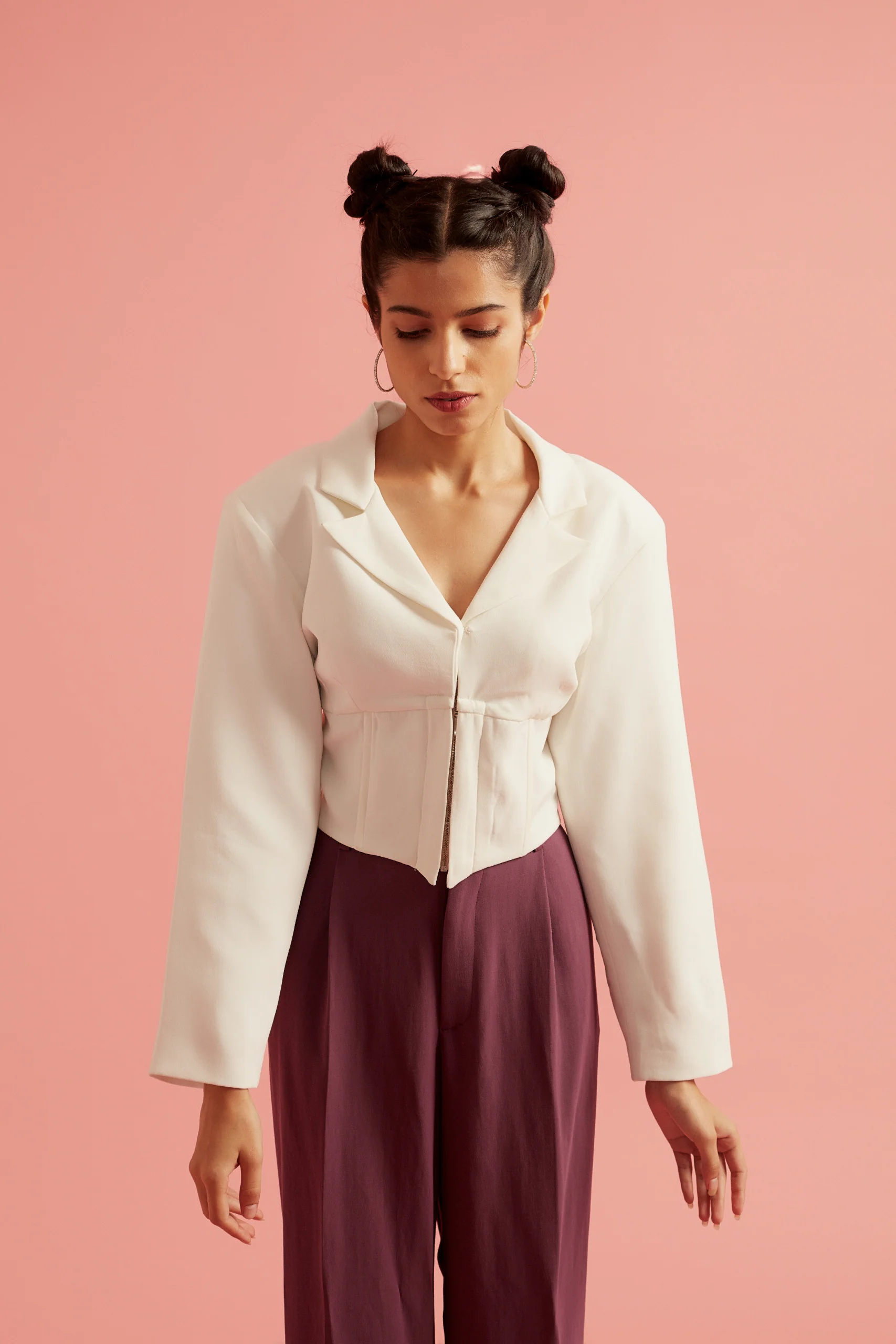 Plunging Front Corset Blazer White Top