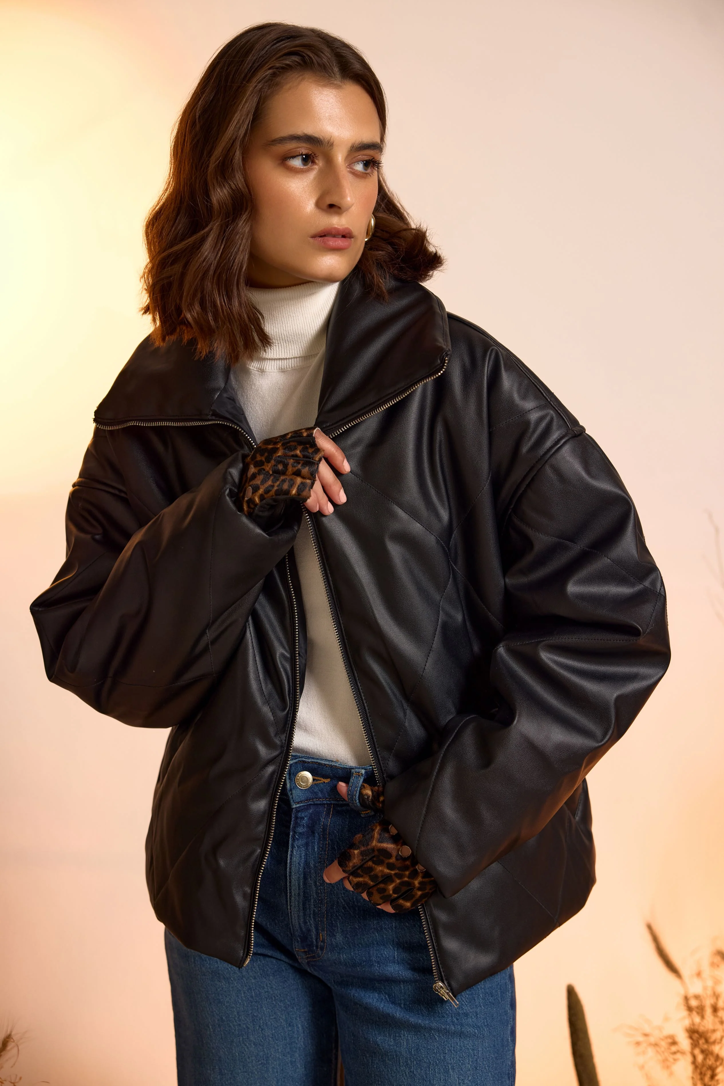 Quilted Faux Leather Puffer Jacket - Image 3