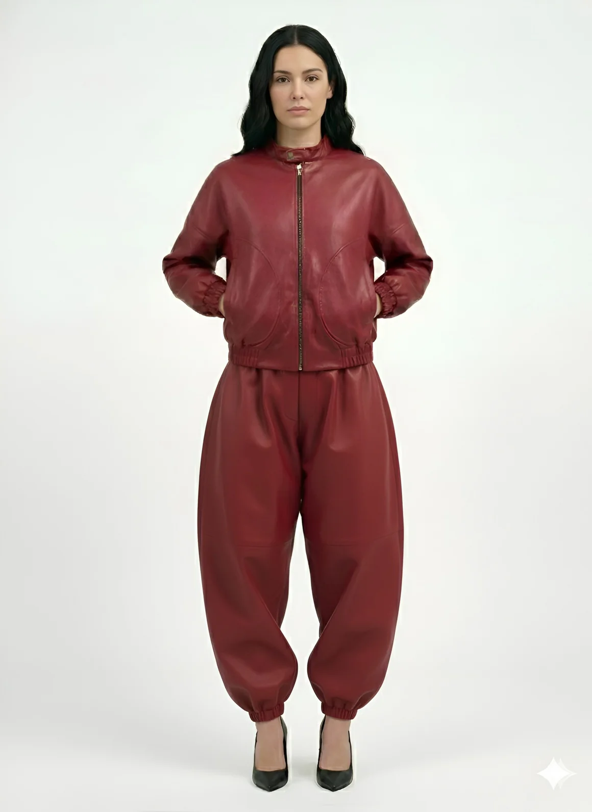 Red Faux Leather Barrel Pants