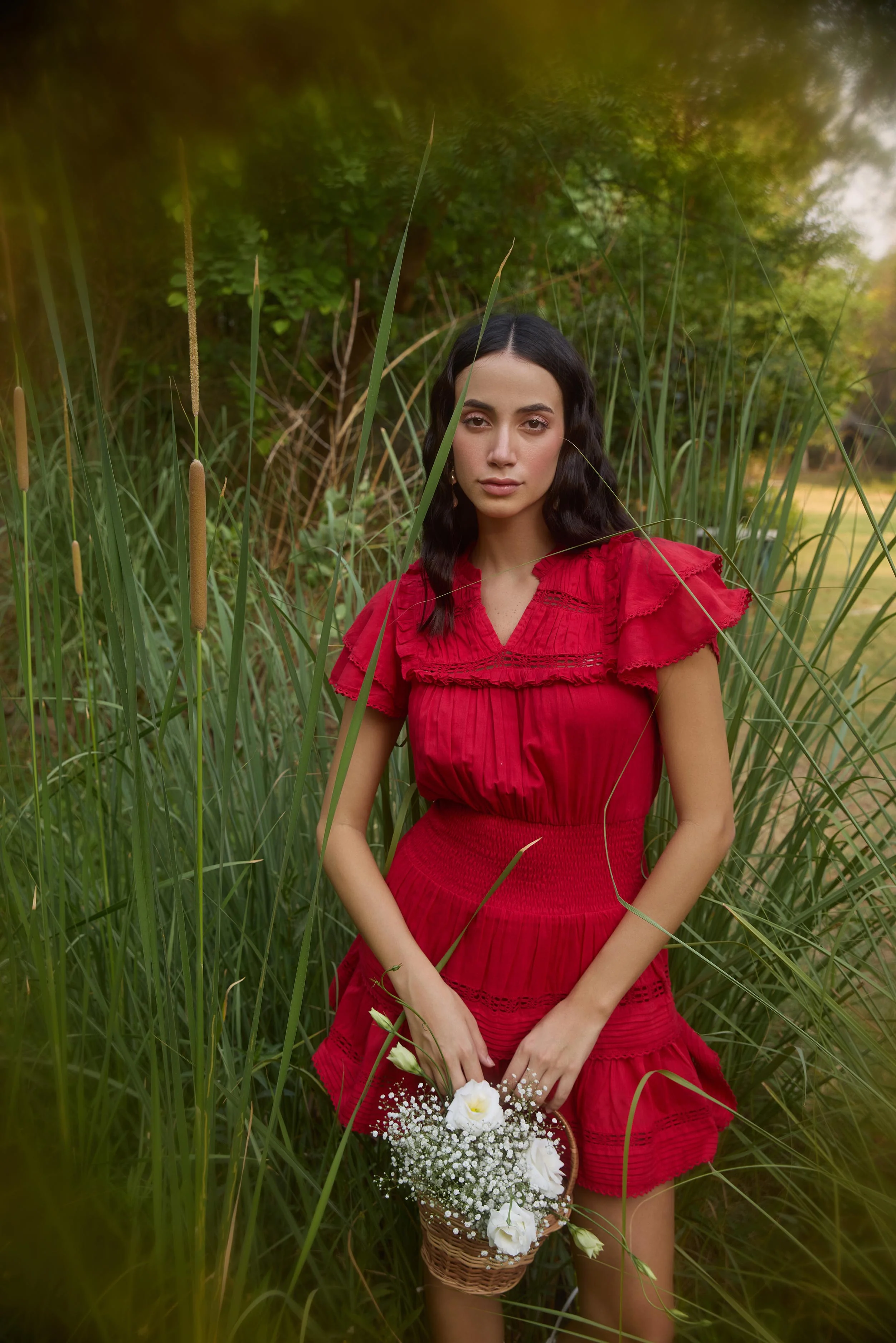 Red Smocked-Waist Mini Dress - Image 3