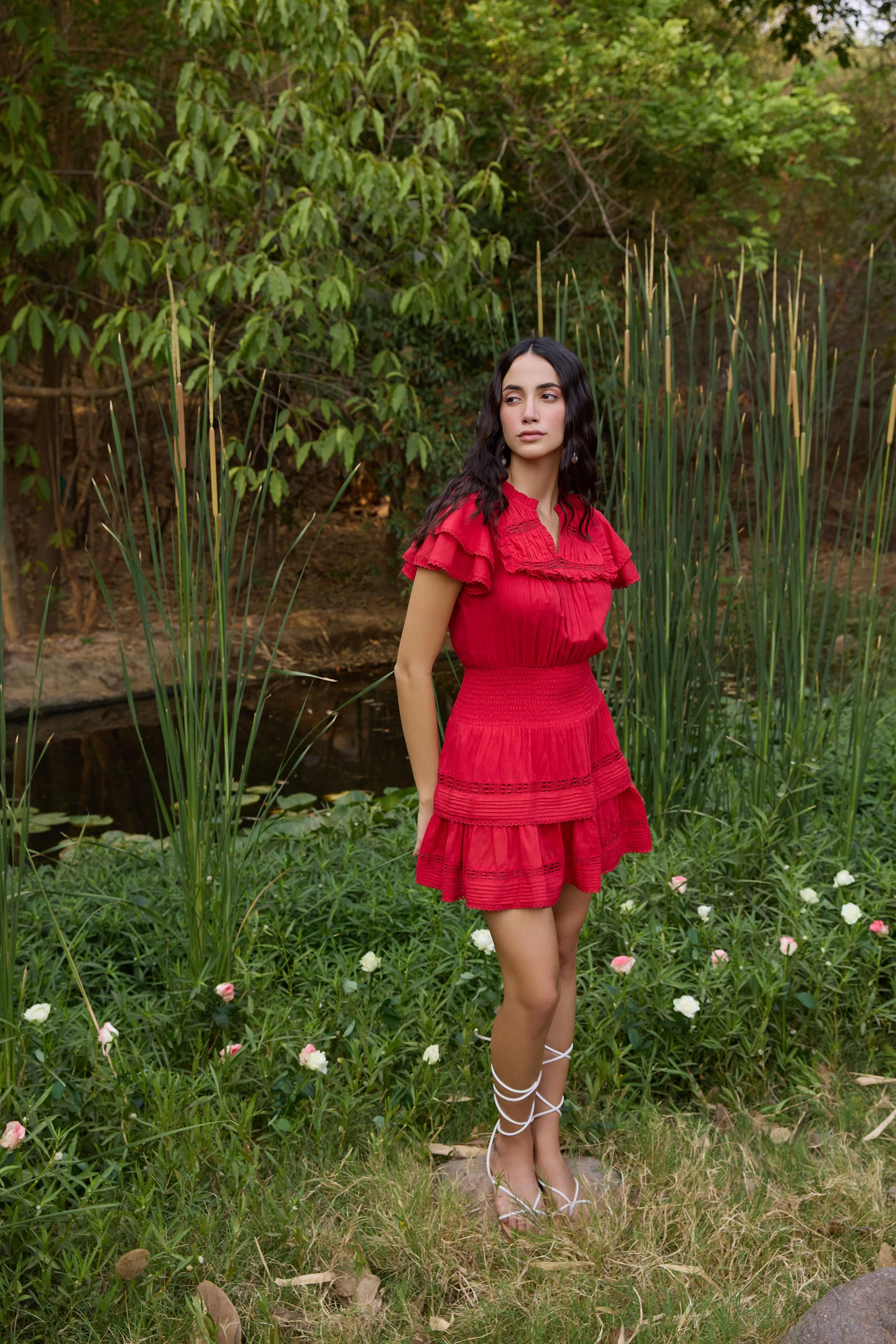 Red Smocked-Waist Mini Dress - Image 5