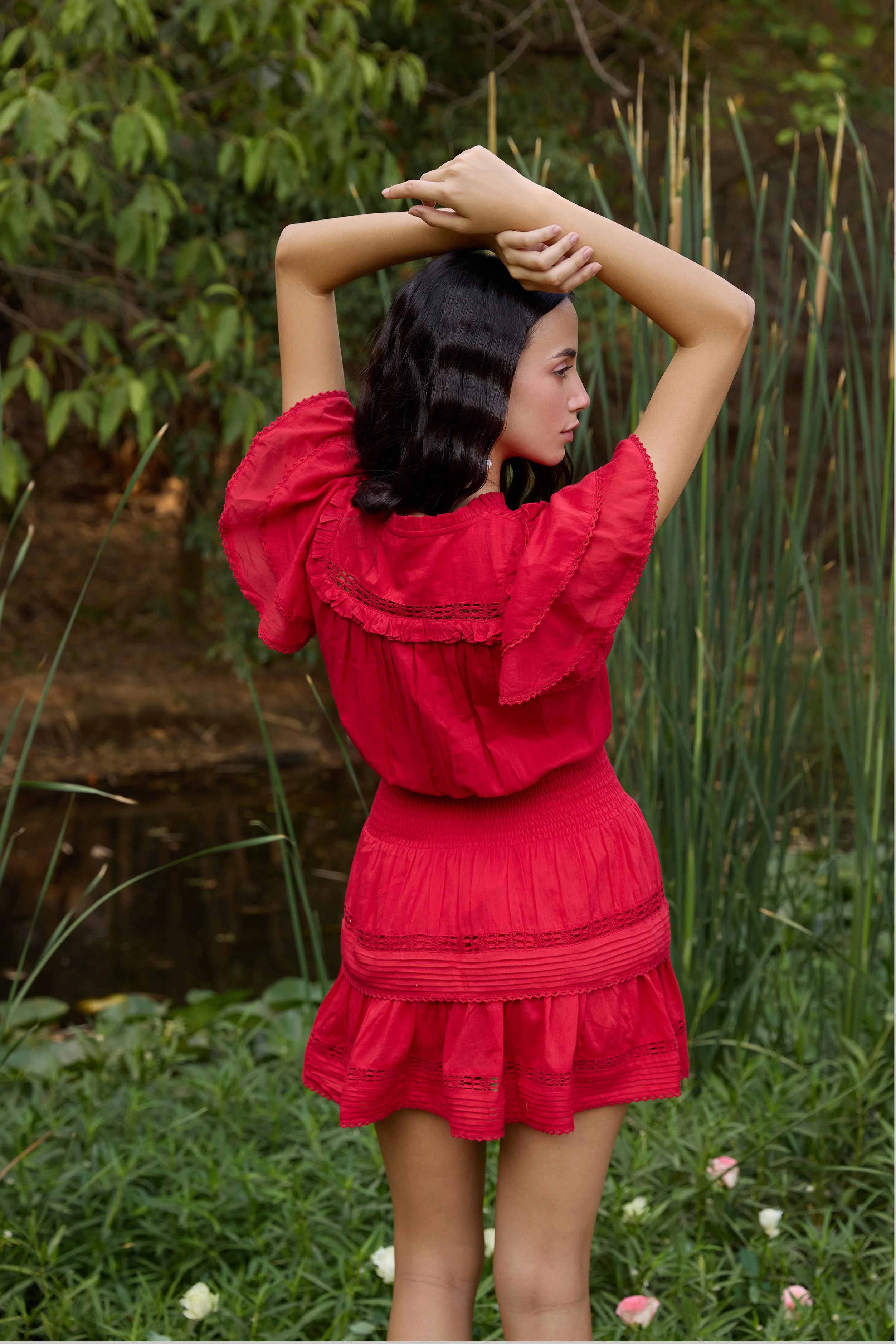 Red Smocked-Waist Mini Dress - Image 6