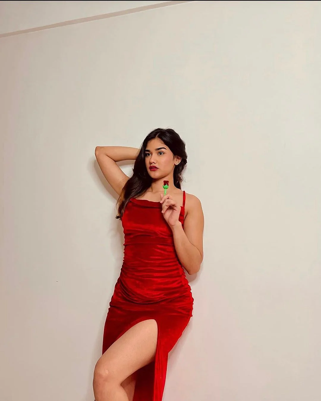 Red Velvet Cowl Neck Dress - Image 3