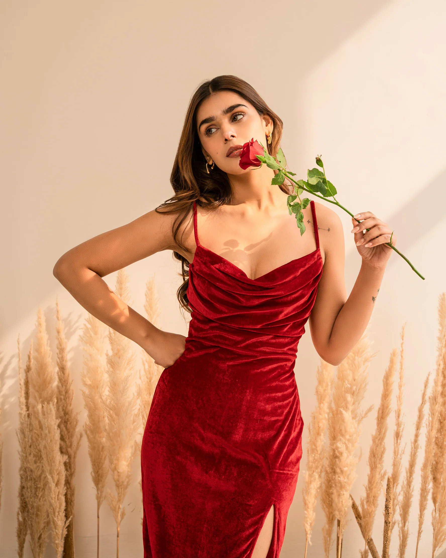 Red Velvet Cowl Neck Dress - Image 4