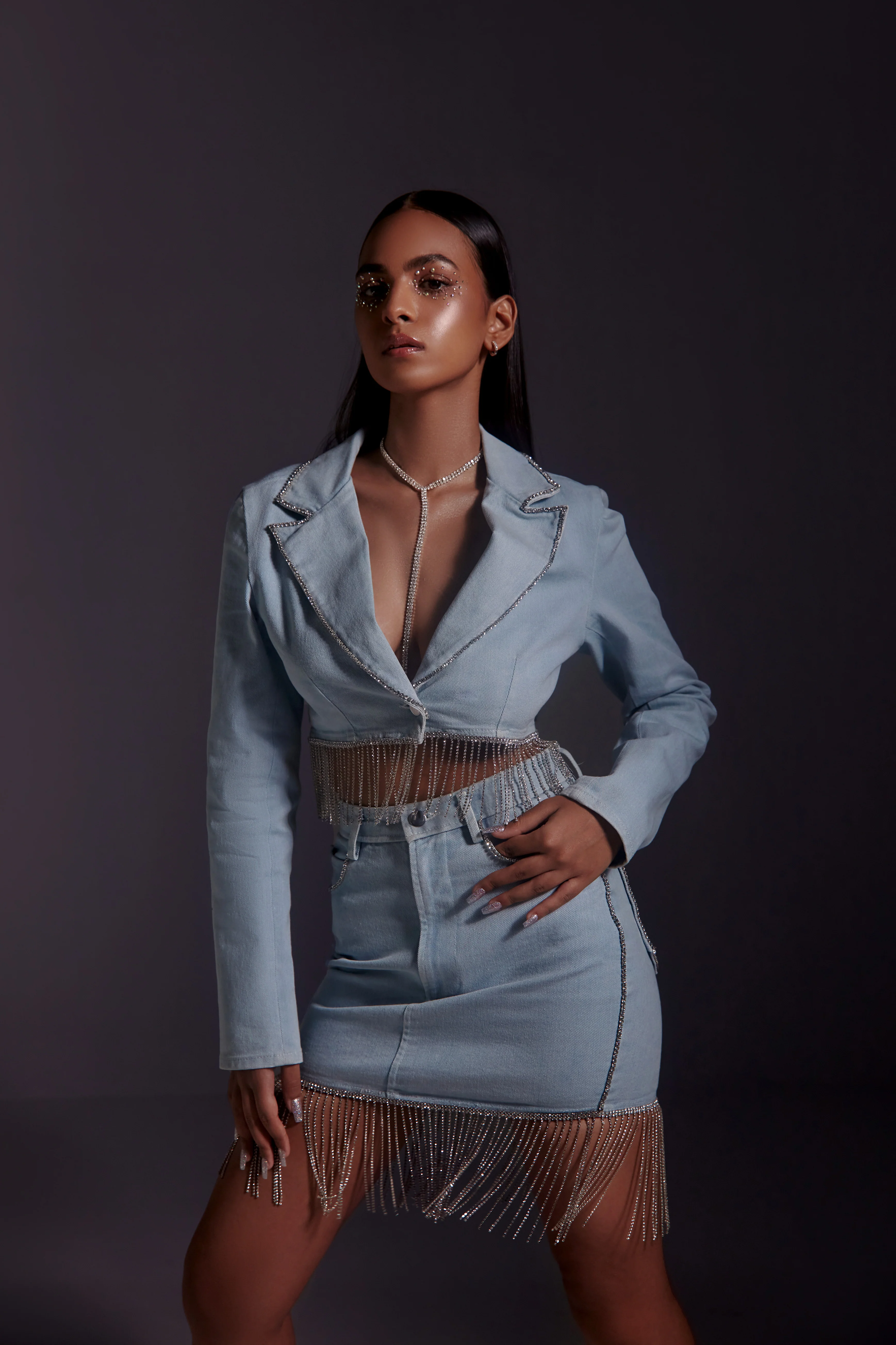Rhinestone Embellished Cropped Denim Blazer - Image 3