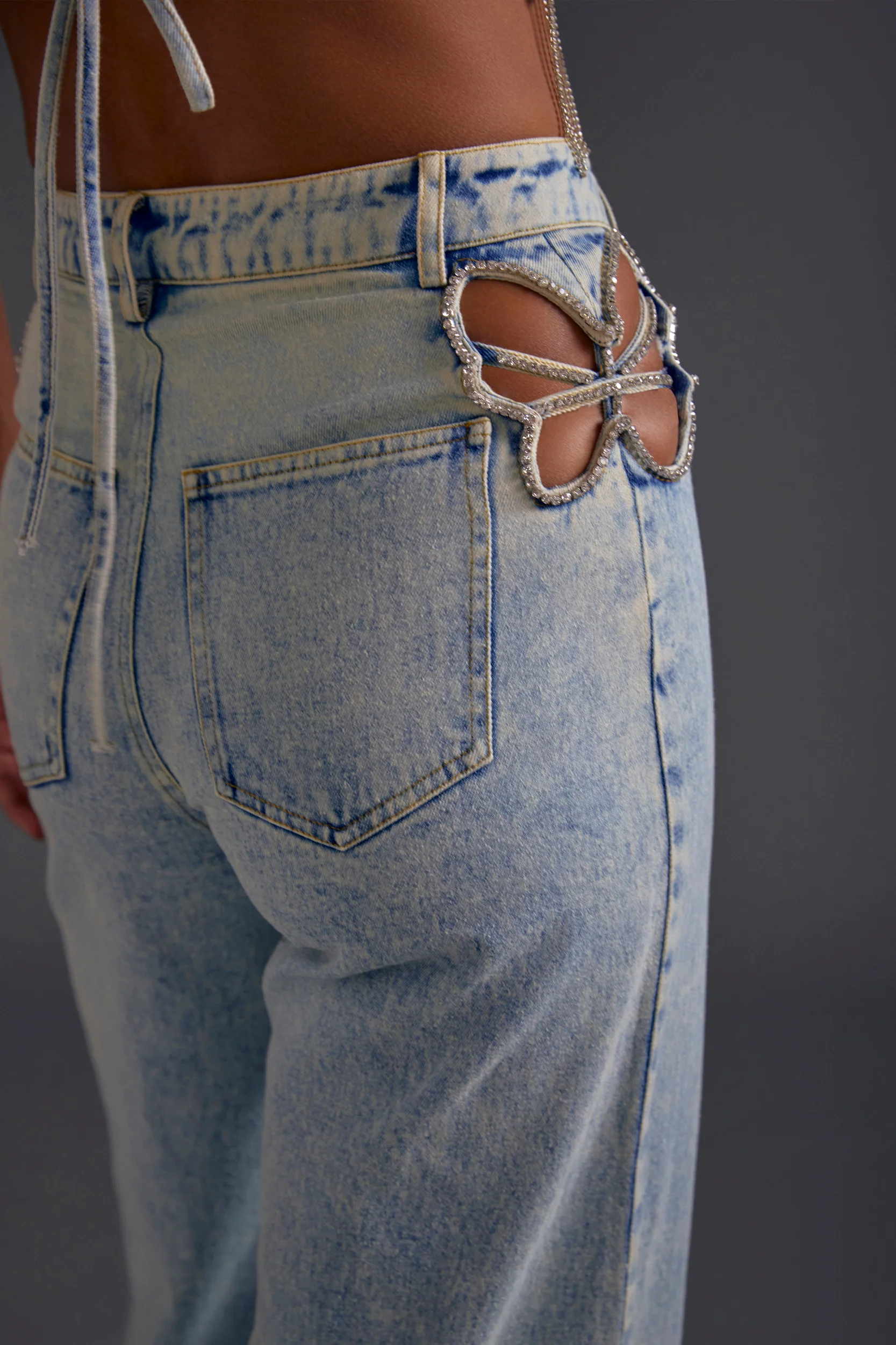 Rhinestone Embellished Cutout Jeans