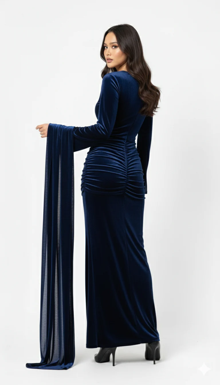 Royal Navy Velvet Dress with Scarf Neck - Image 2