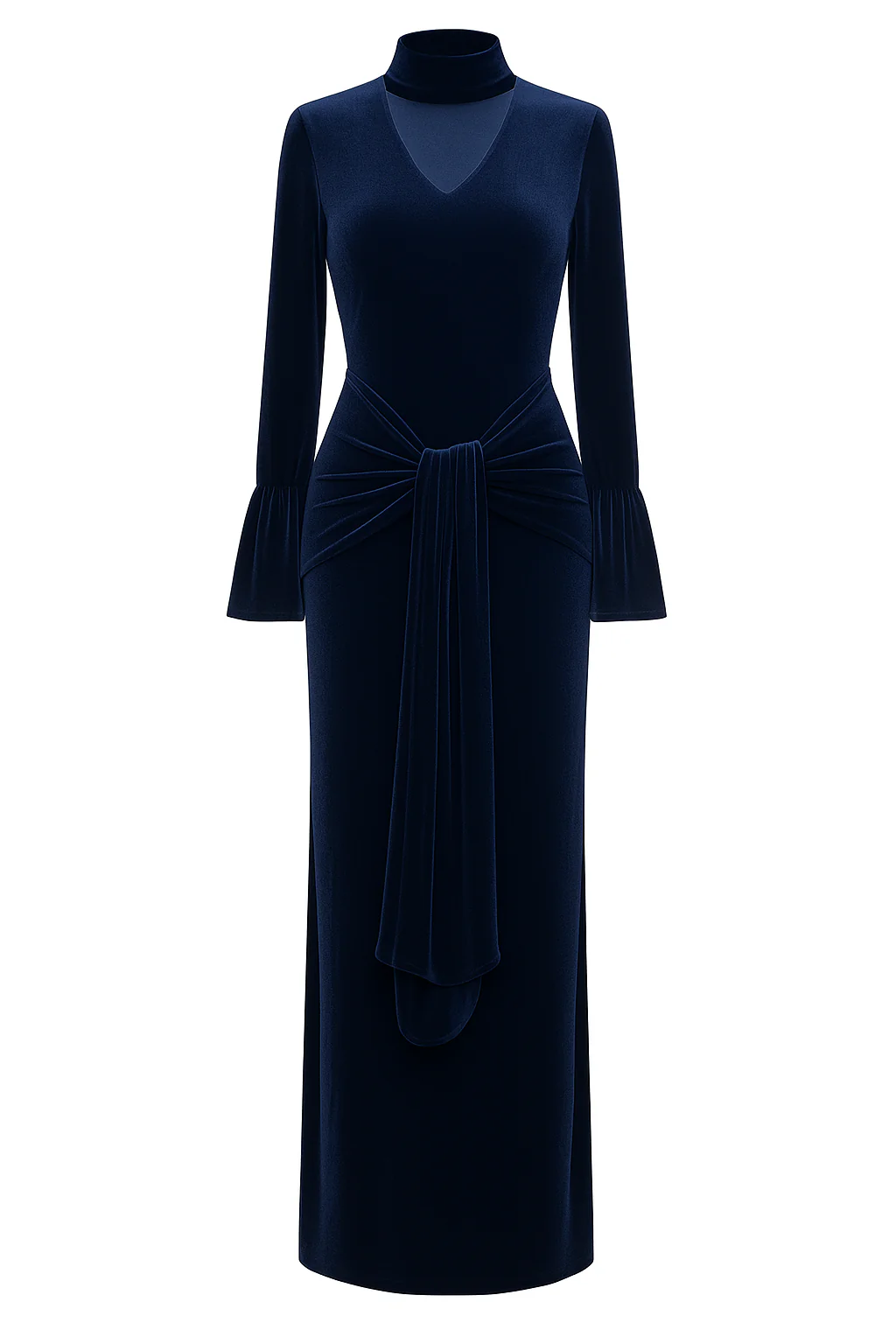 Royal Navy Velvet Dress with Scarf Neck - Image 3
