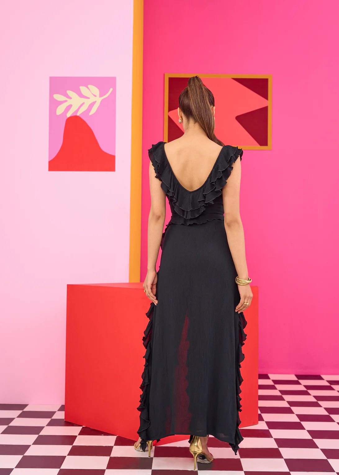 Emily in Paris: Black Ruffled High-Slit Maxi Dress - Image 3