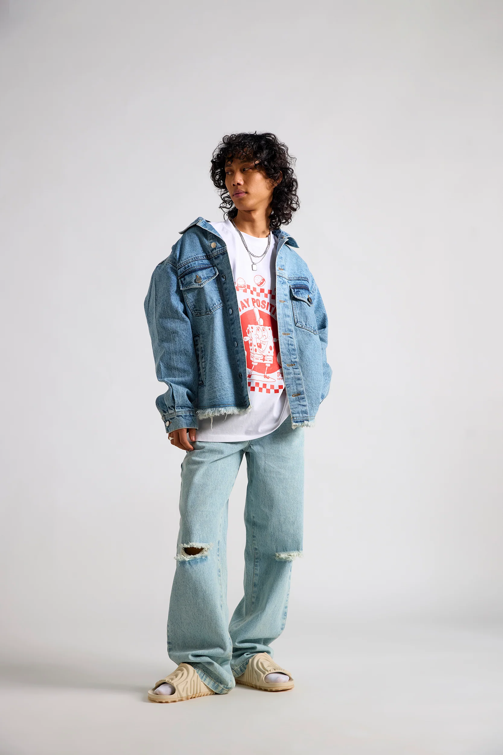 Spongebob:Stay Positive Canvas Men's Oversized Denim Jacket - Image 3