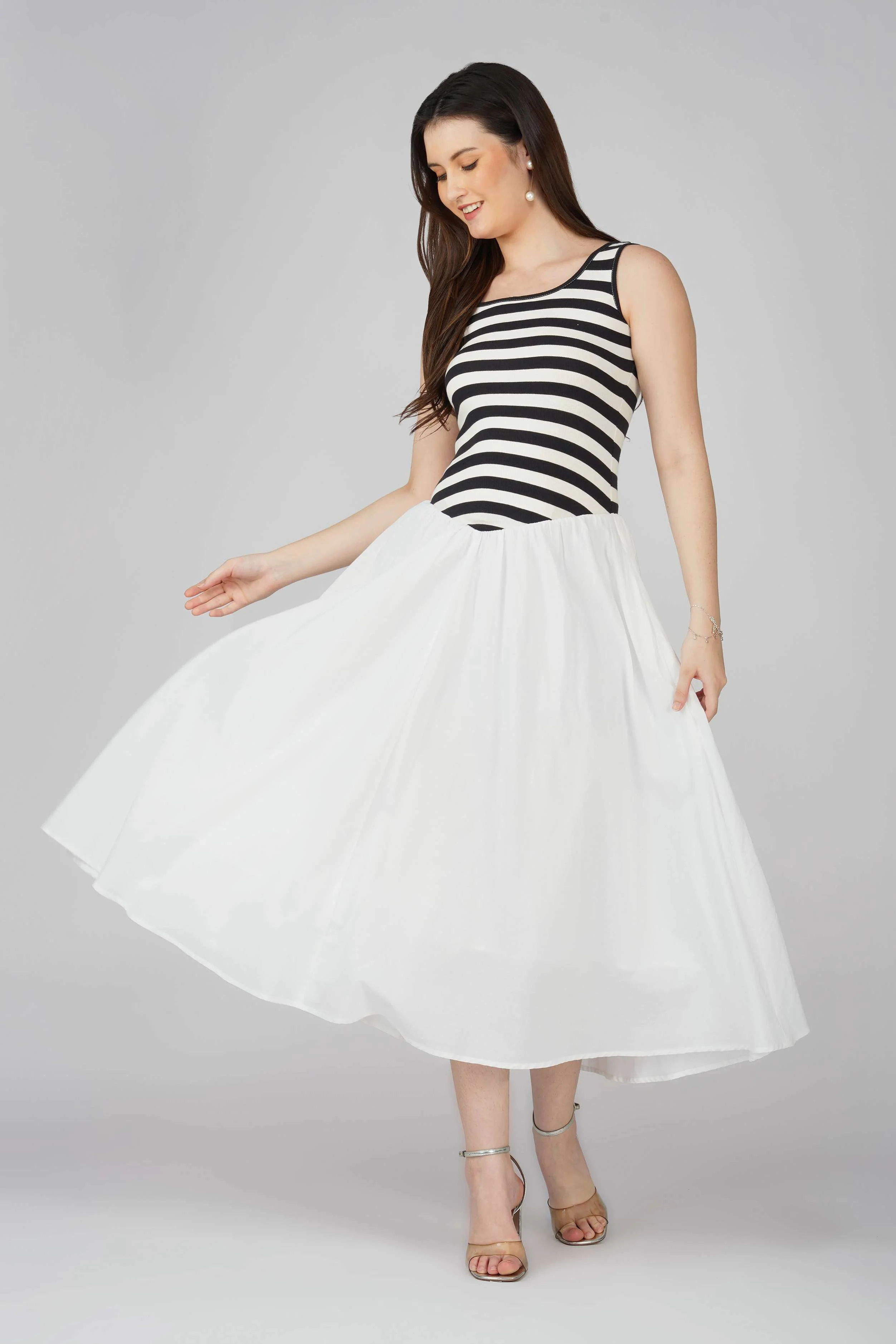 Striped Knit Bodice Dress with Flowy White Bottom - Image 4