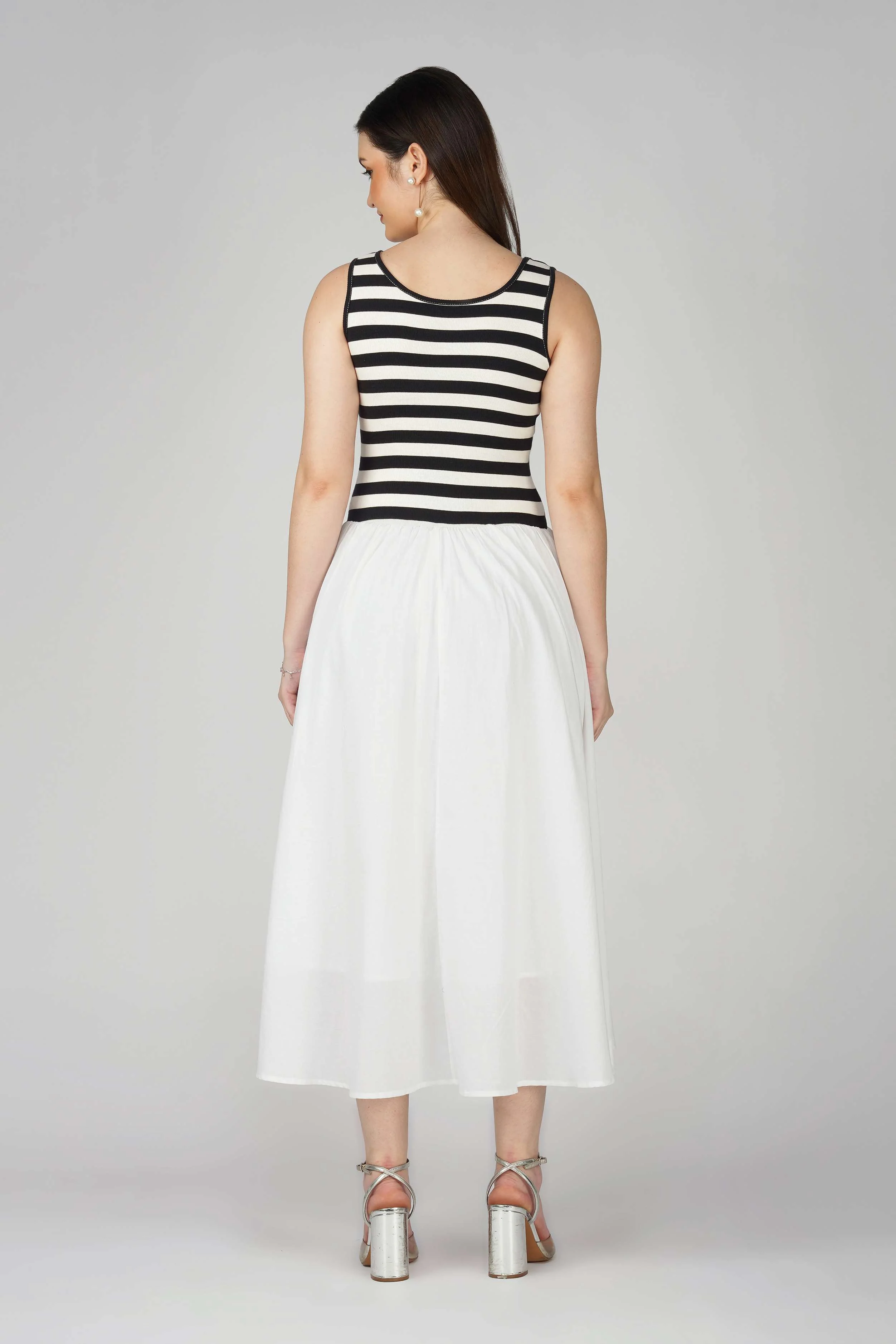 Striped Knit Bodice Dress with Flowy White Bottom - Image 5