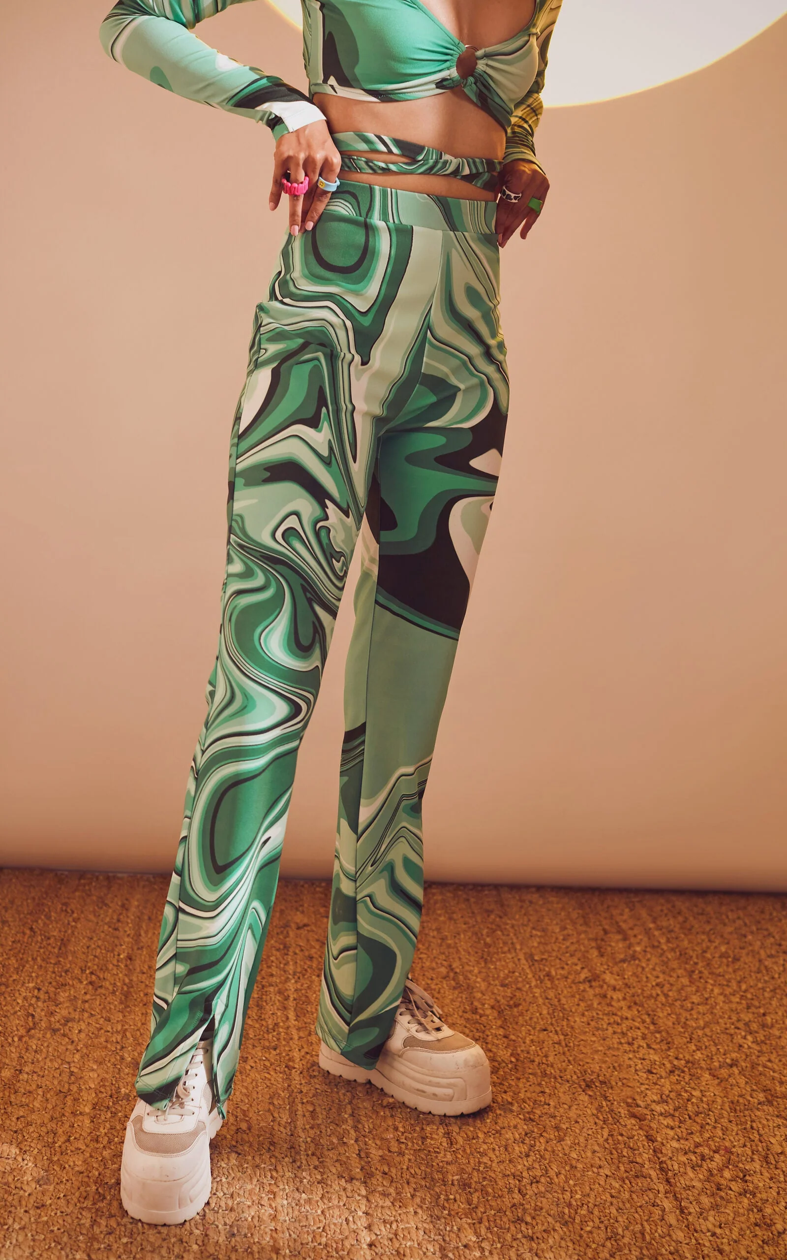 Swirl Print High-Waisted Front Slit Pants - Image 4