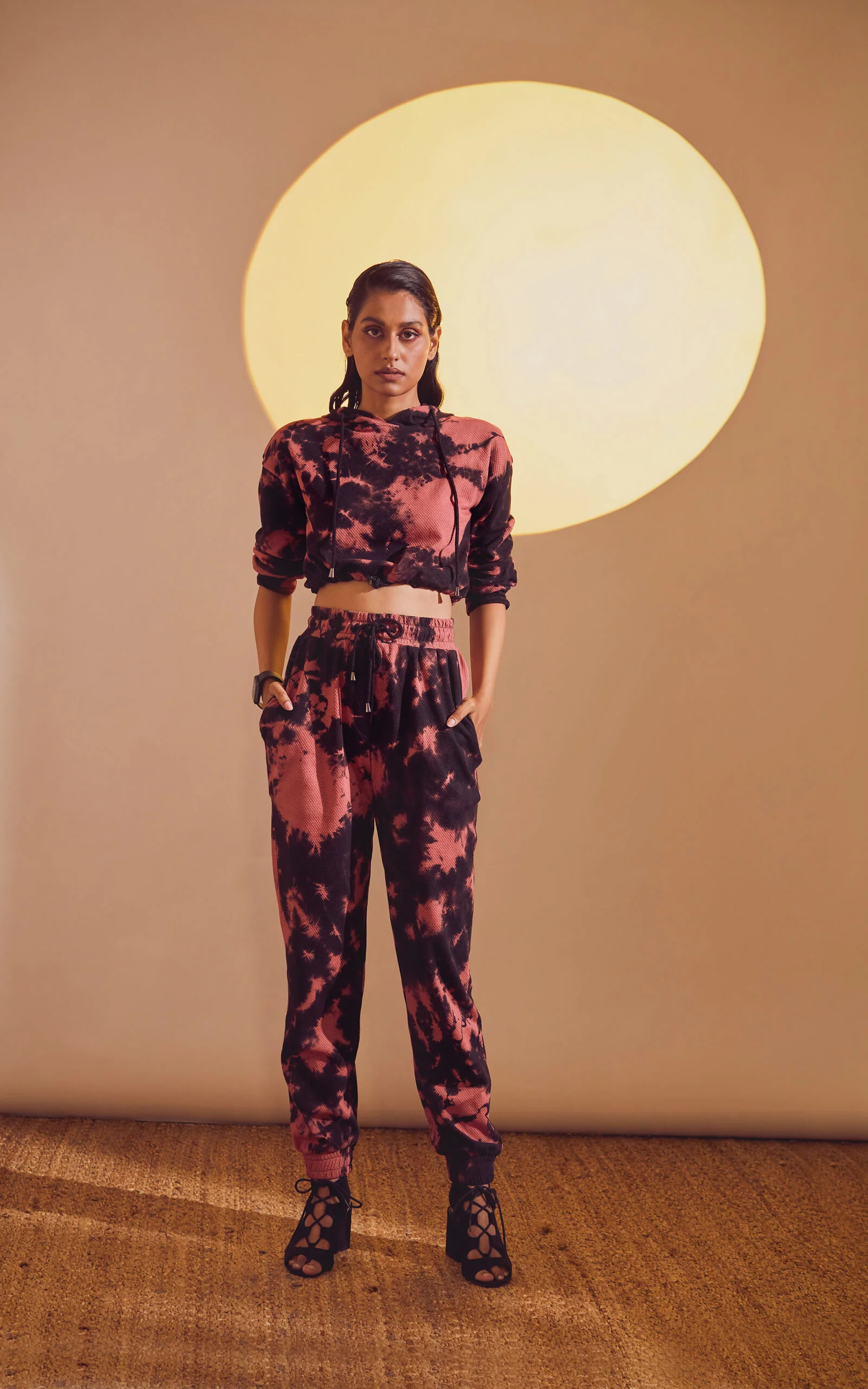 Black-Pink Tie & Dye Cropped Hoodie - Image 2