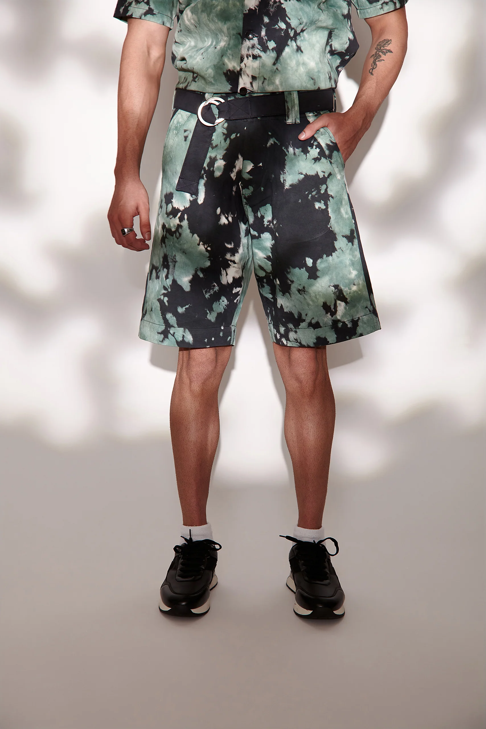 Green Tie & Dye Twill Shorts for Men