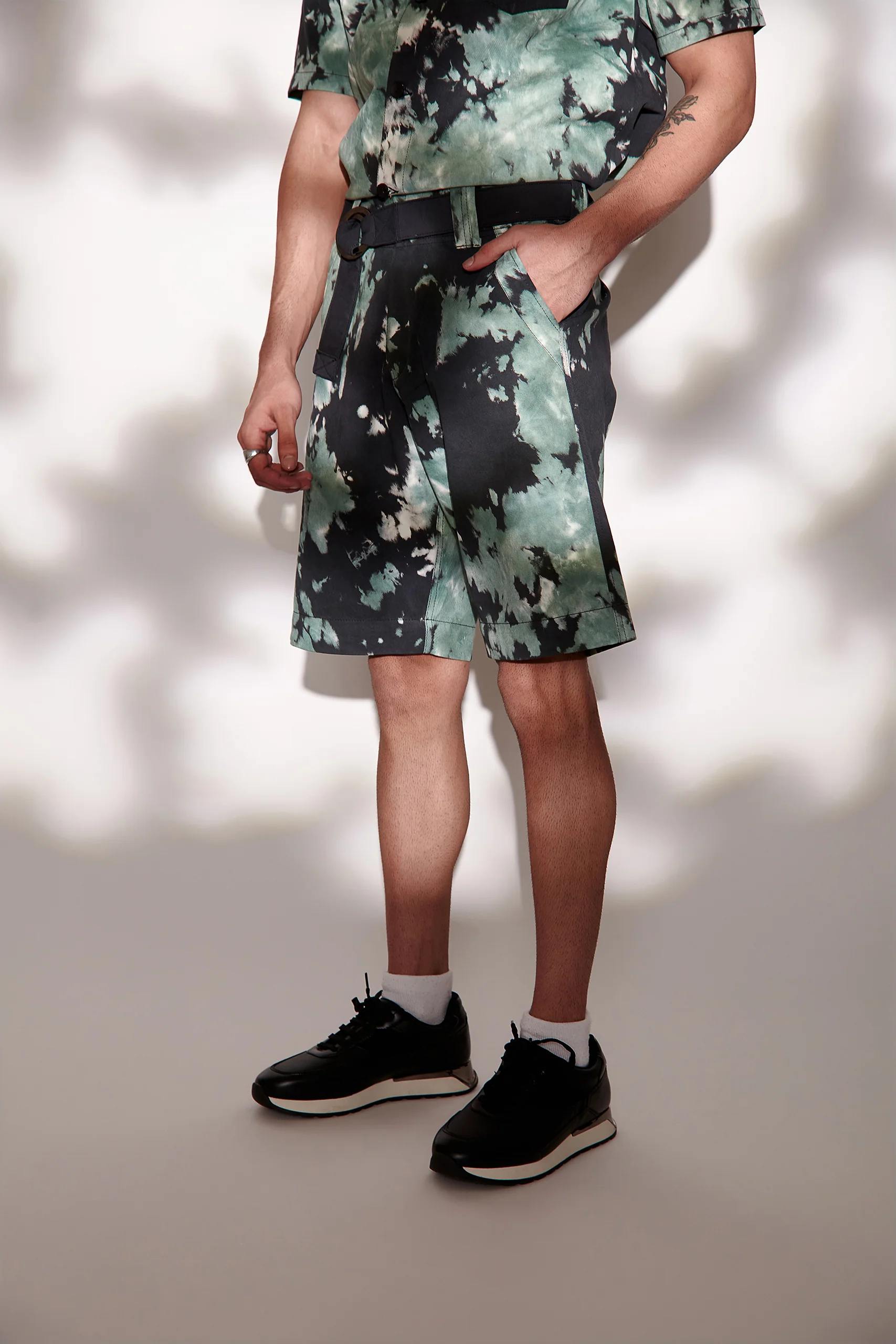 Green Tie & Dye Twill Shorts for Men - Image 3