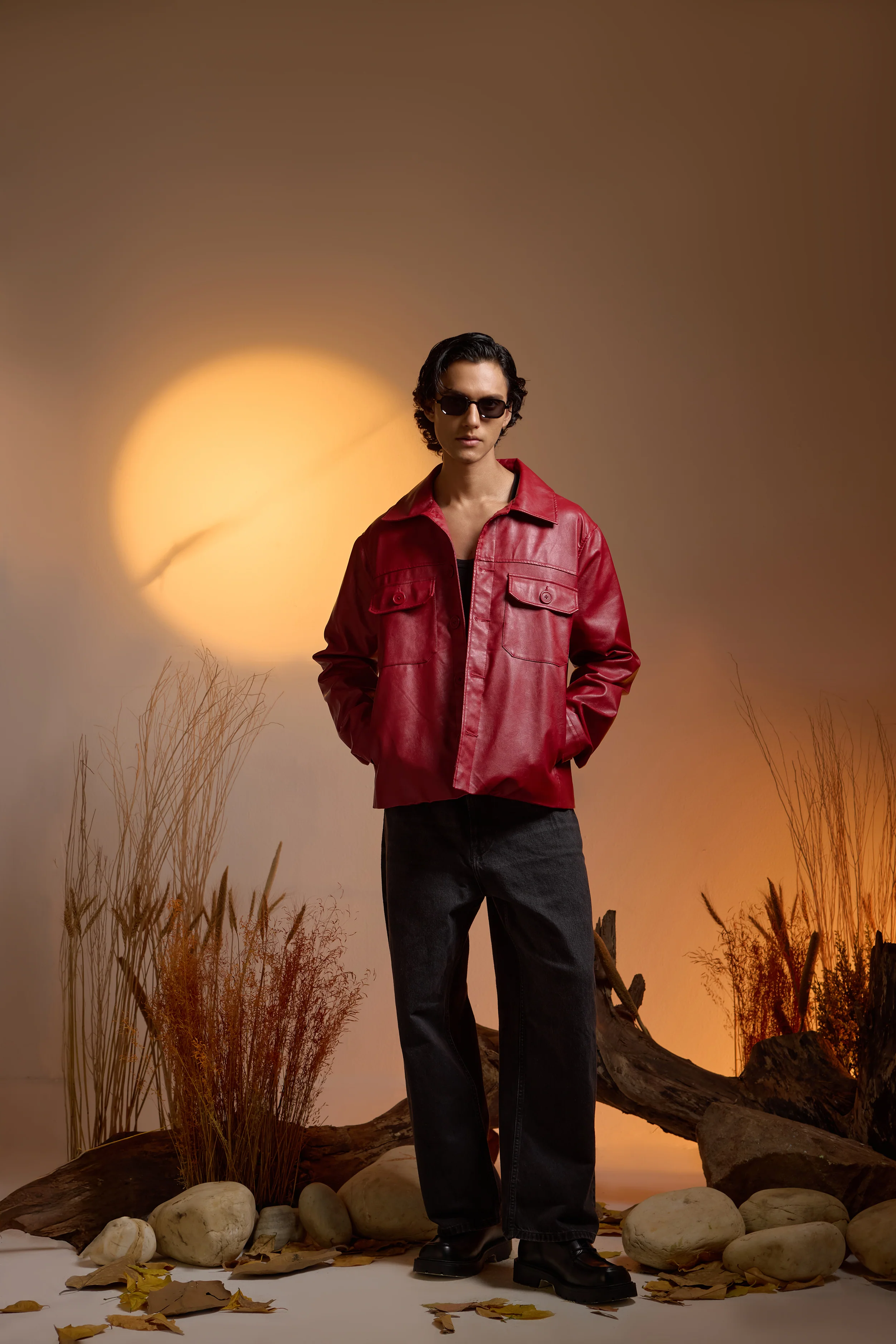 Utility Oversized Faux Leather Jacket-Cherry Red-Men - Image 2