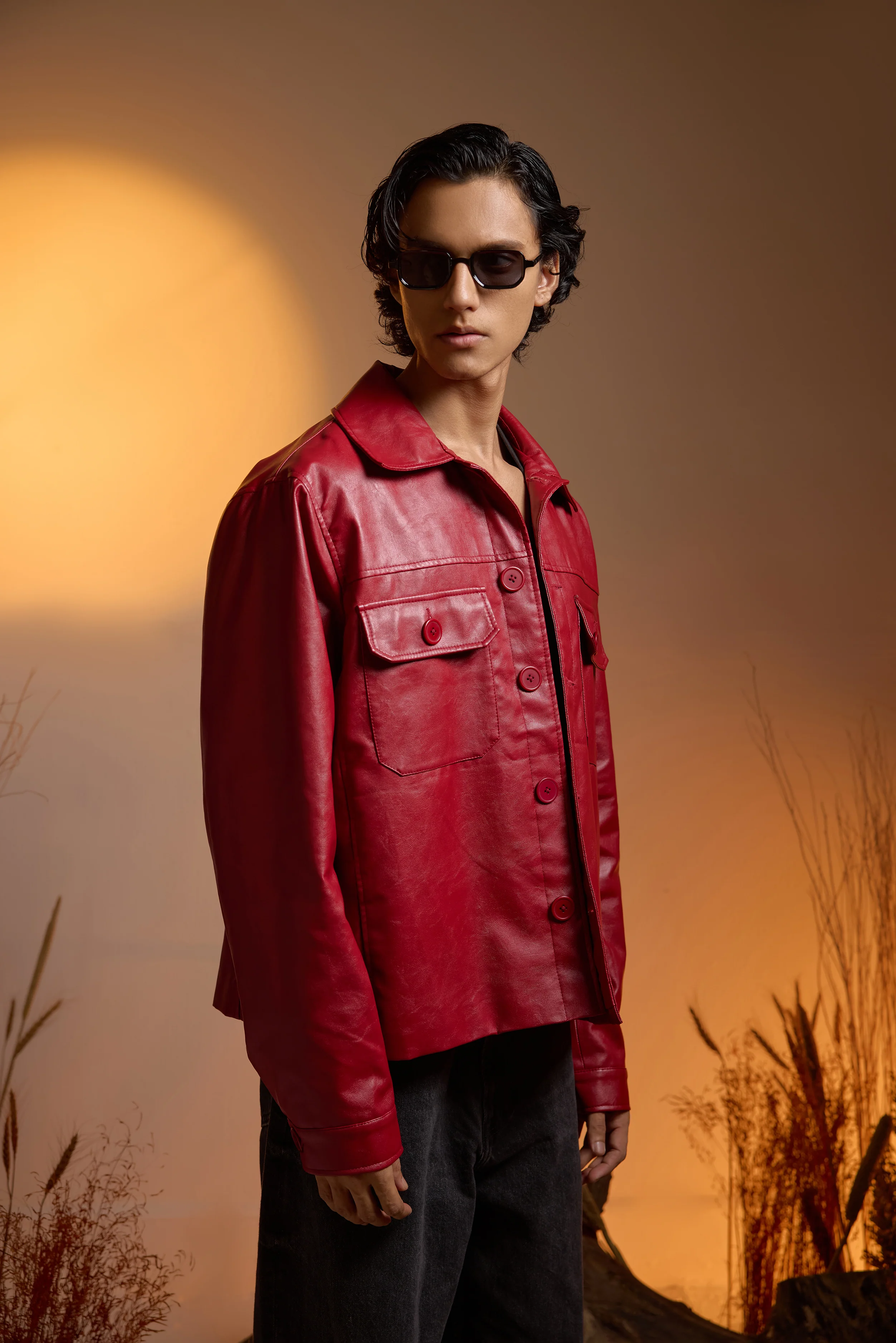 Utility Oversized Faux Leather Jacket-Cherry Red-Men - Image 3