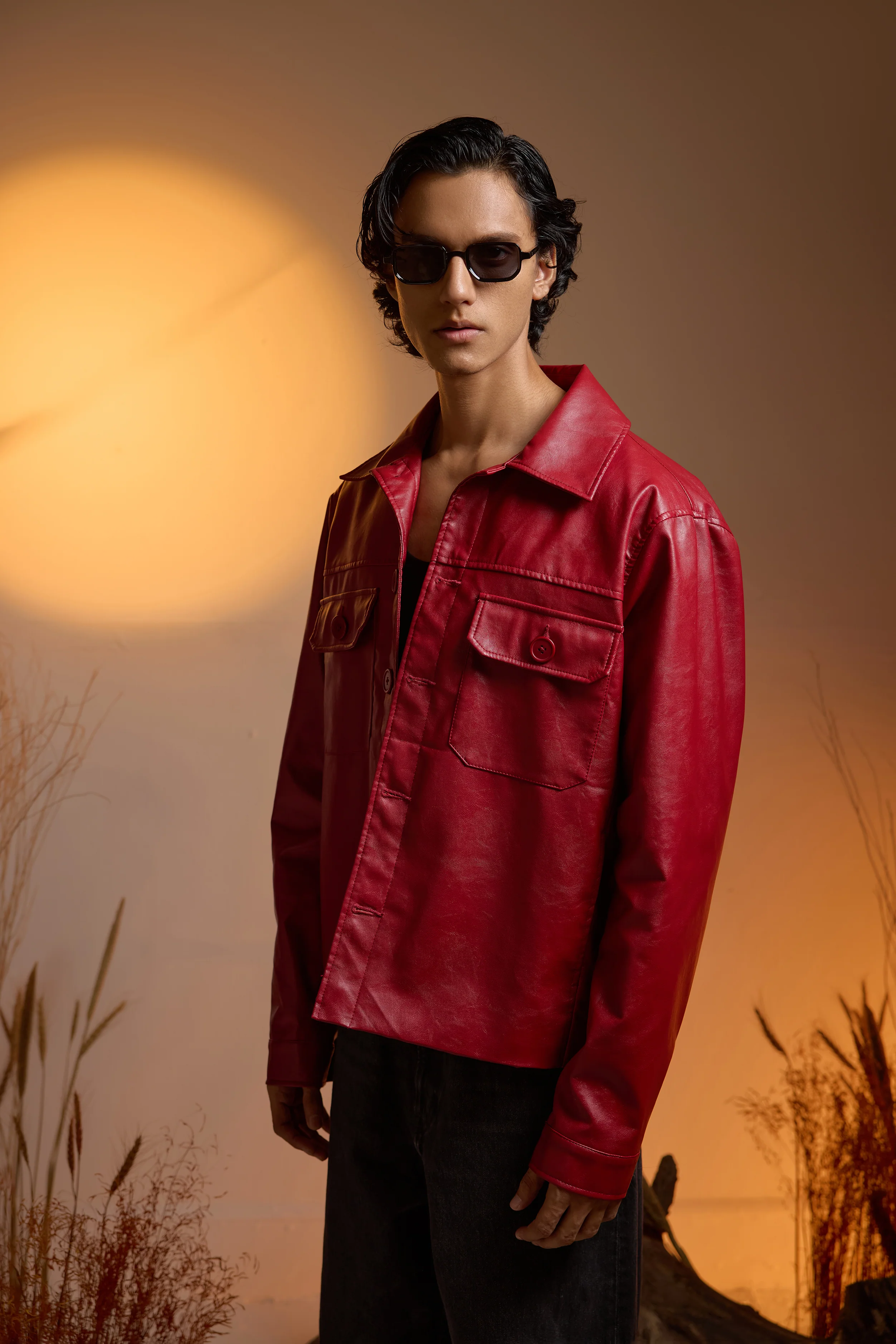 Utility Oversized Faux Leather Jacket-Cherry Red-Men - Image 4