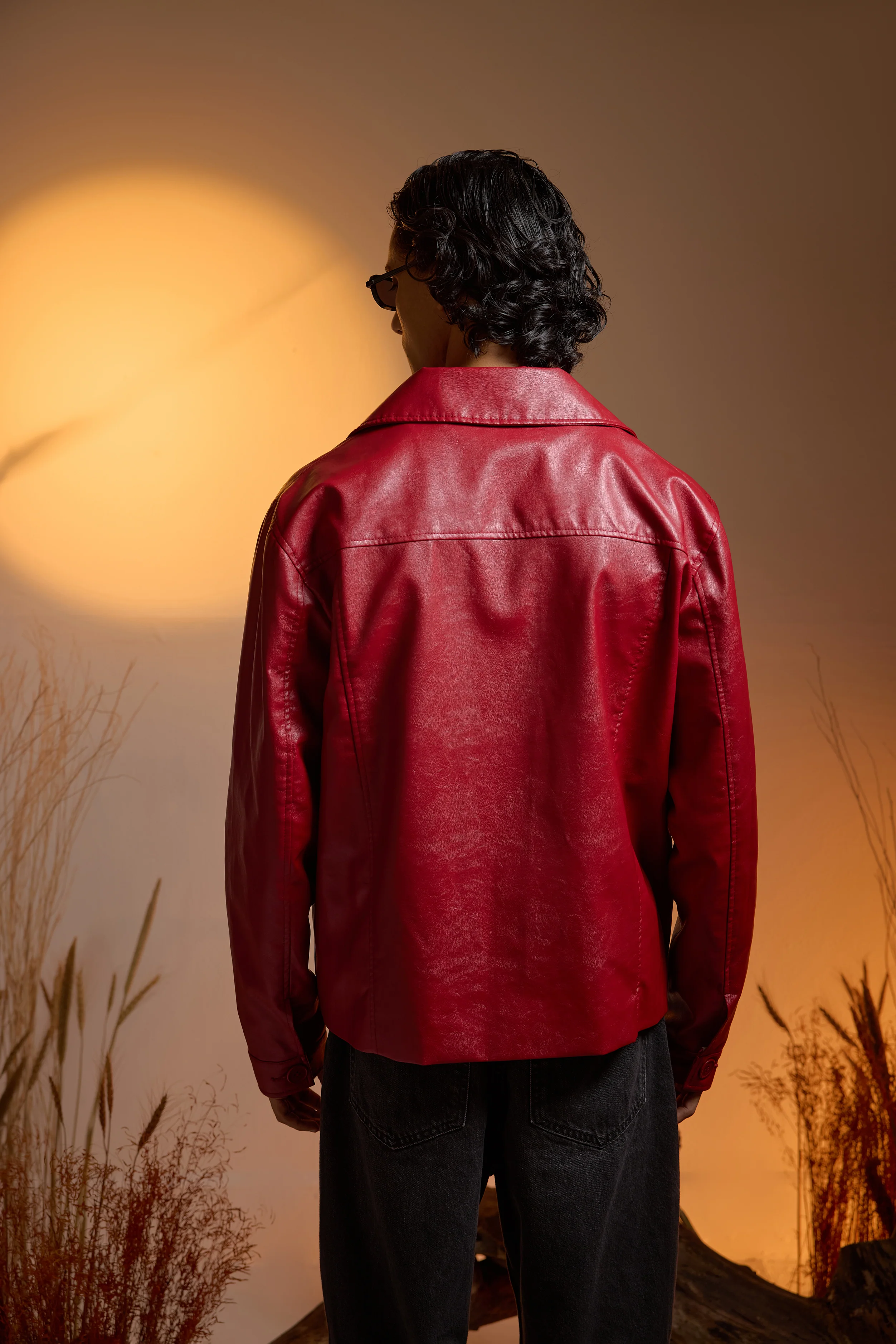 Utility Oversized Faux Leather Jacket-Cherry Red-Men - Image 5
