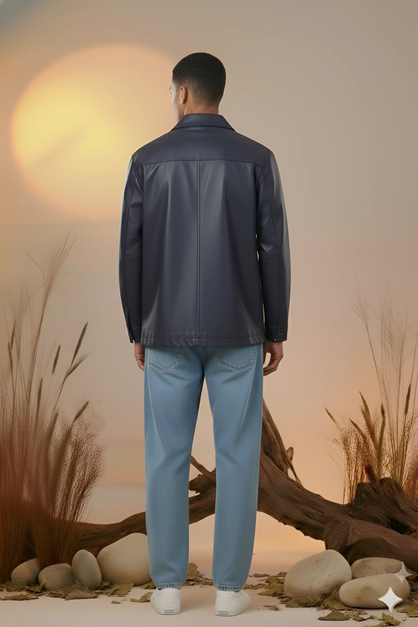 Utility Oversized Faux Leather Jacket-Navy Blue -Men - Image 2