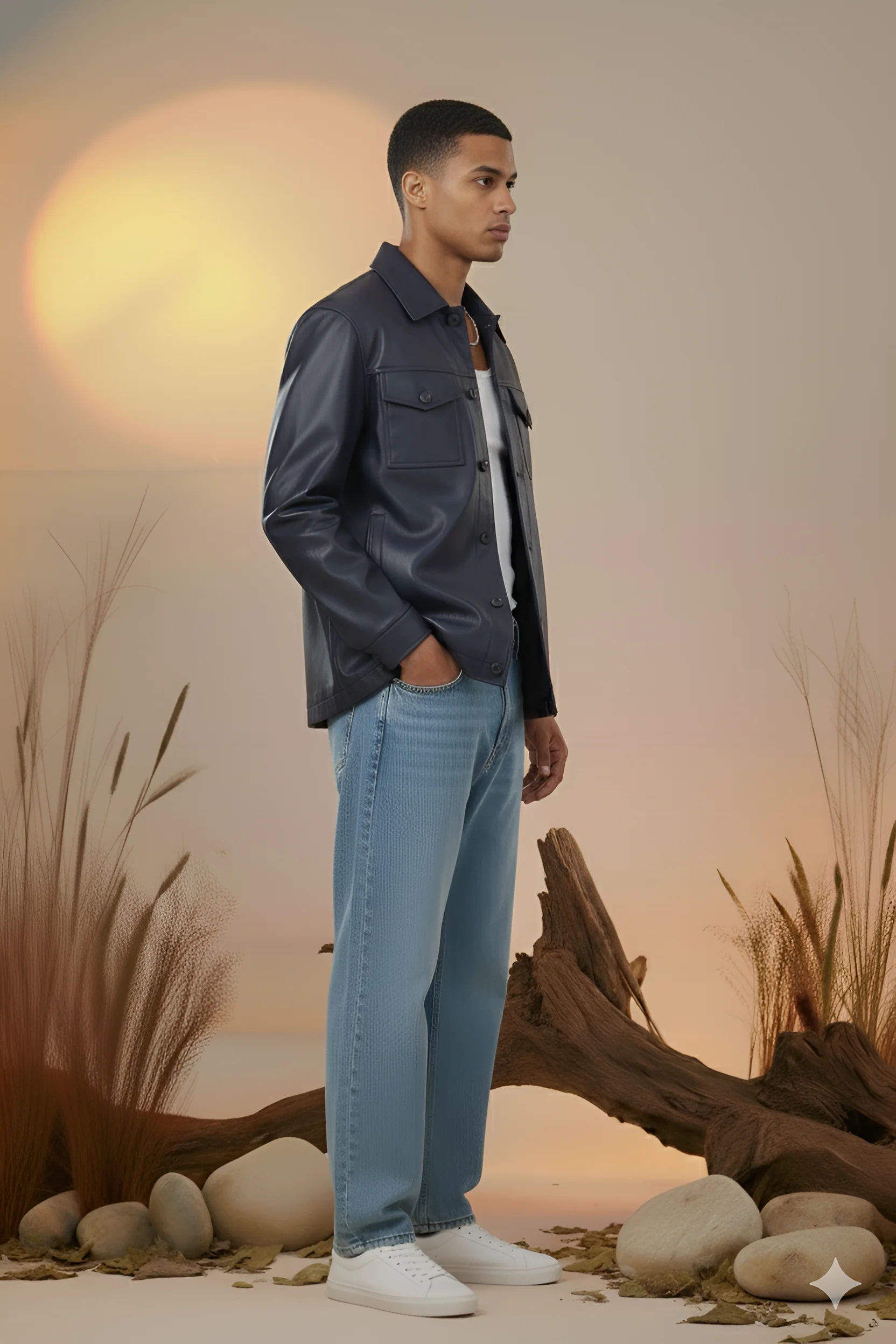 Utility Oversized Faux Leather Jacket-Navy Blue -Men - Image 3
