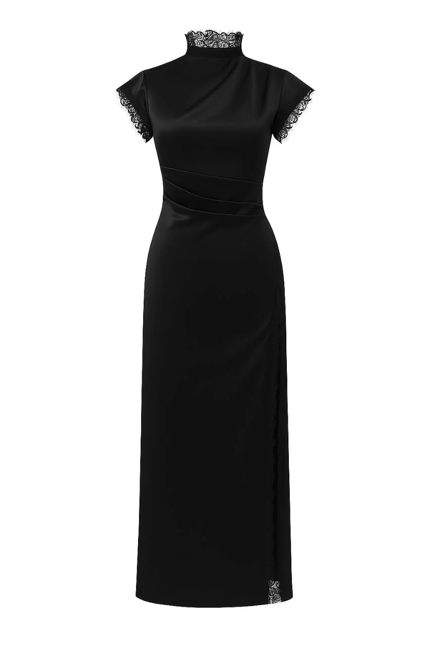 Vintage Black Lace High Neck Maxi Dress - Image 2
