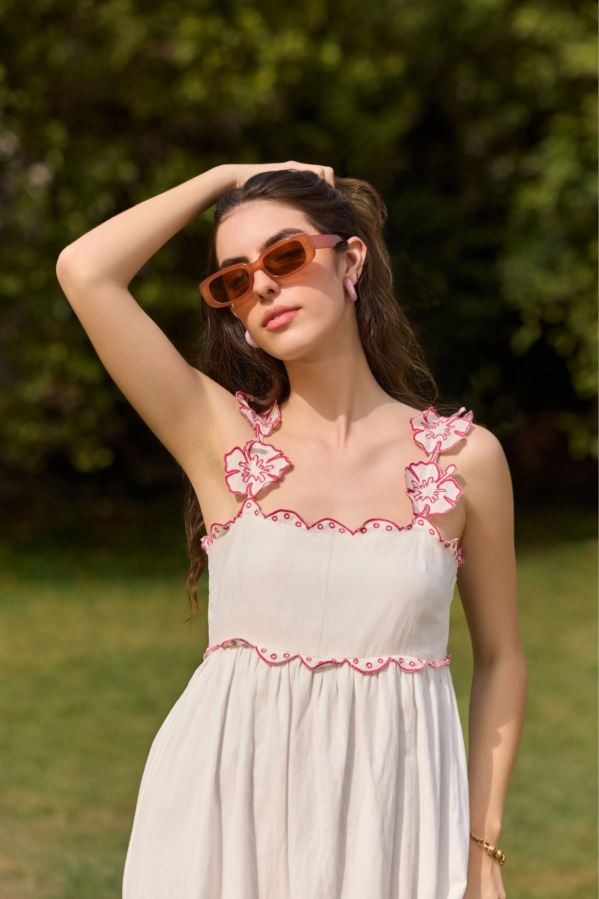 White Embroidered Floral Strap Midi Dress - Image 2