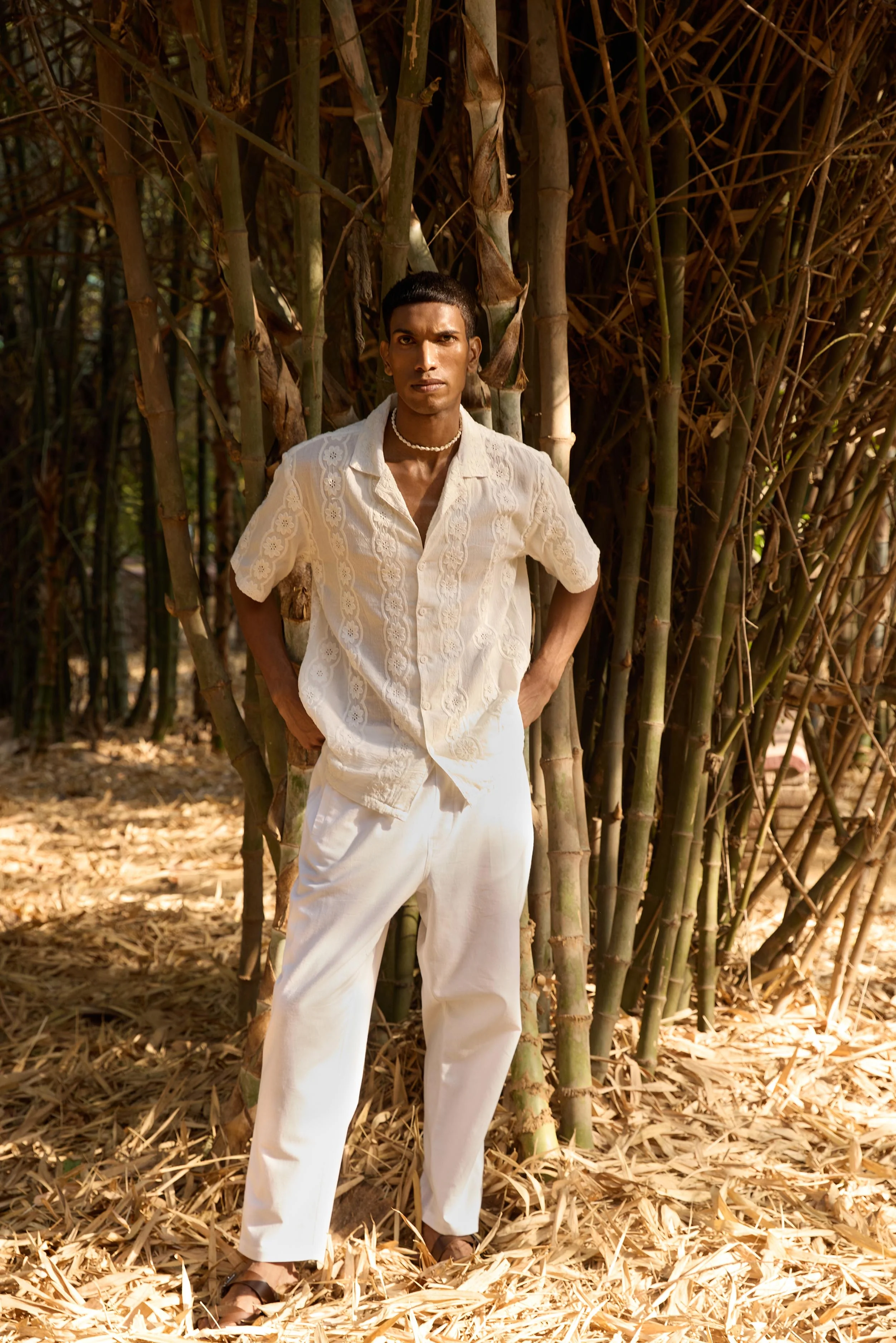 White Floral Stripes Embroidered Shirt - Image 3